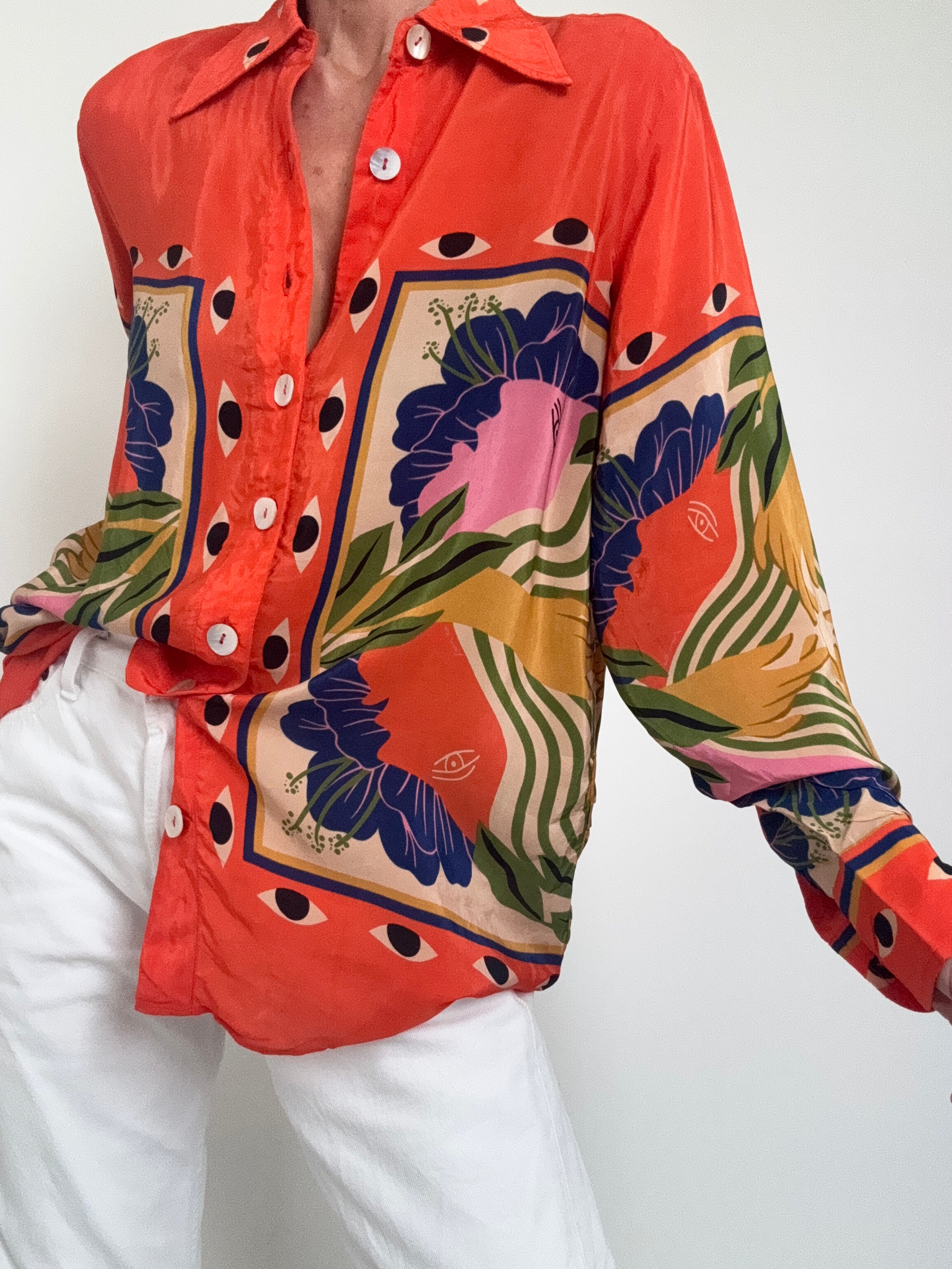 Farm Rio Shirts Sand Surreal Scarf Pajama Shirt Tangerine