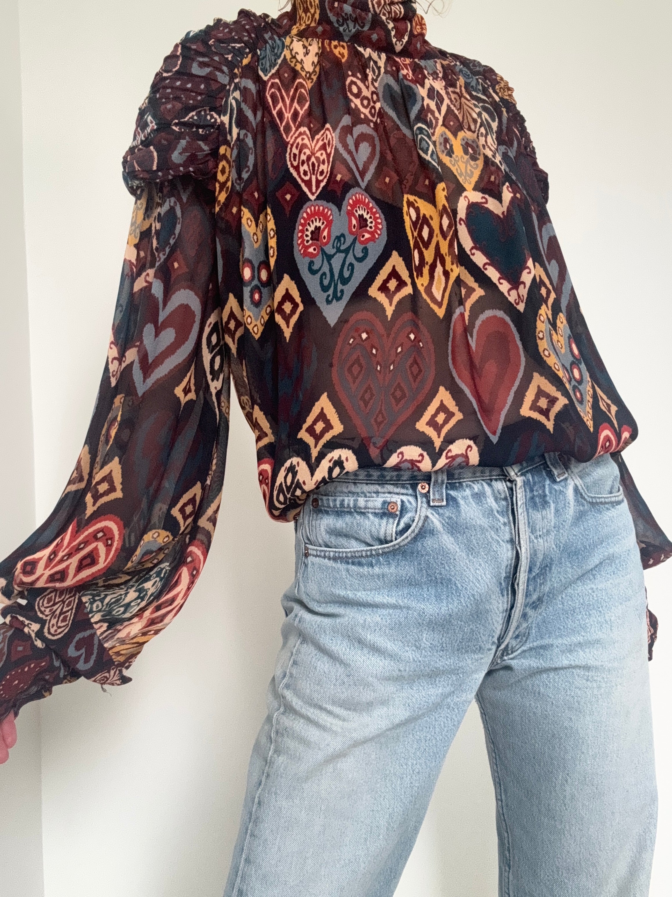 Farm Rio Black Hearts Ikat Blouse | Tops