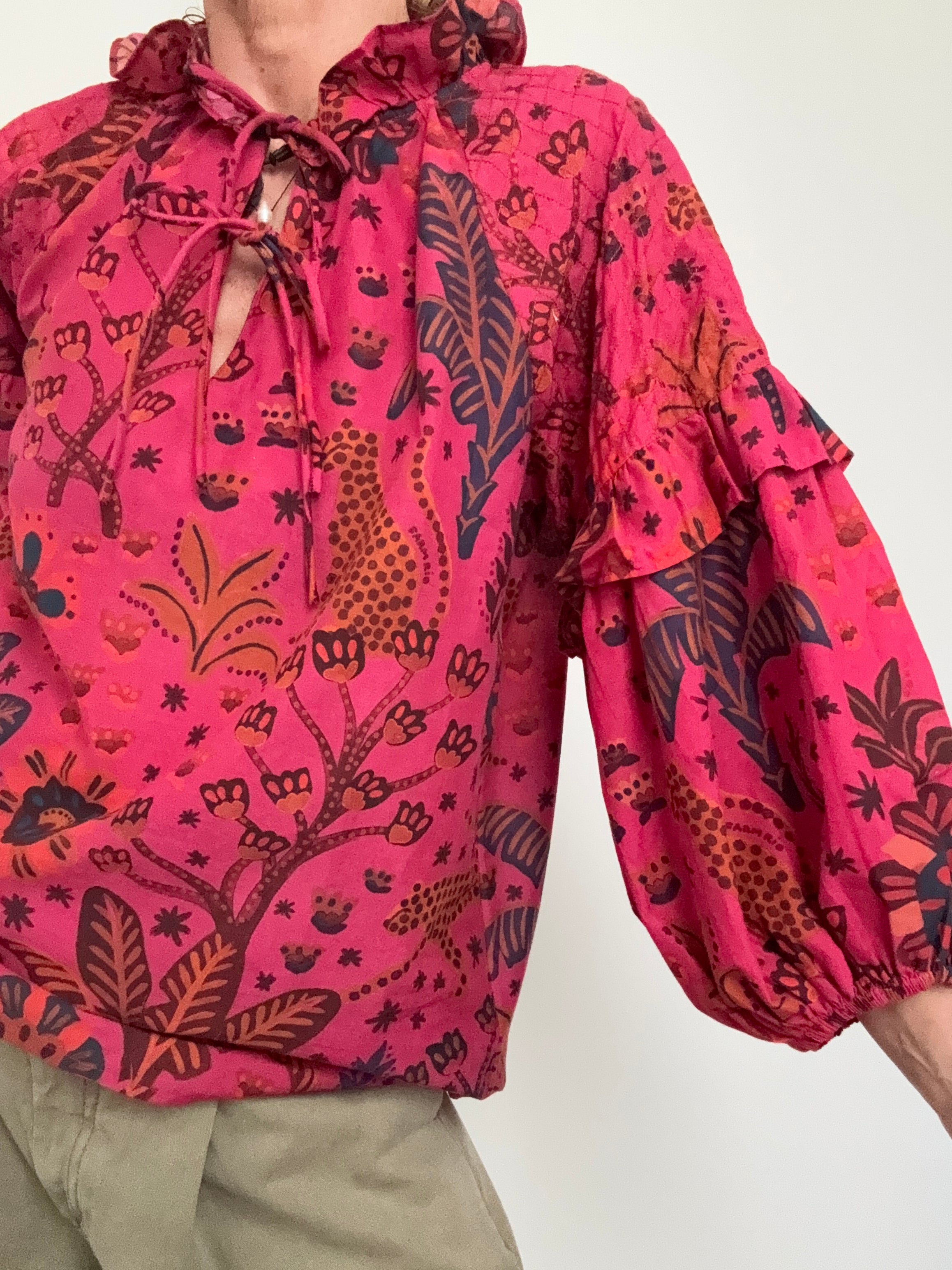 Farm Rio Tops Puff Sleeve Tropical Tie Blouse