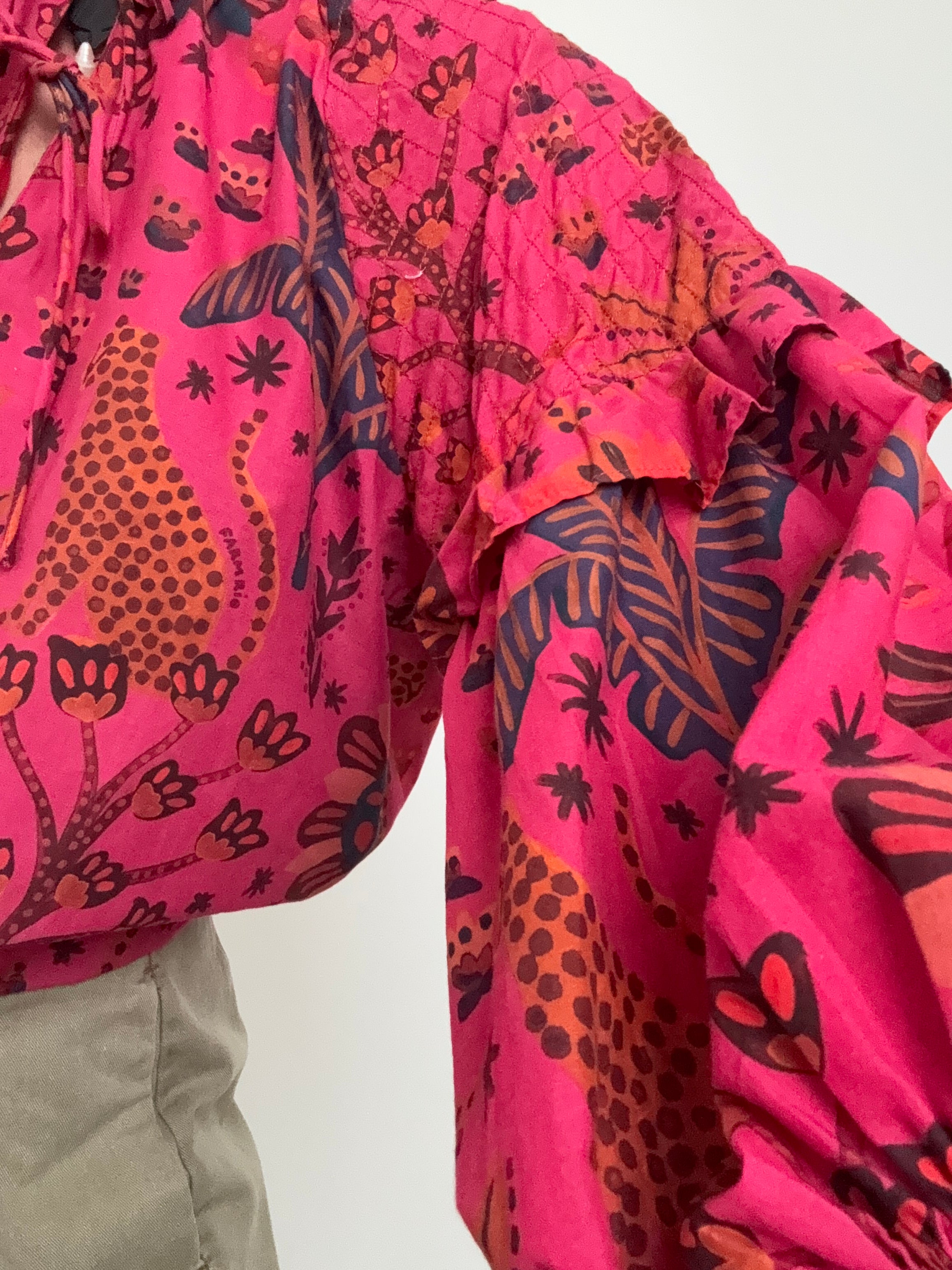 Farm Rio Tops Puff Sleeve Tropical Tie Blouse