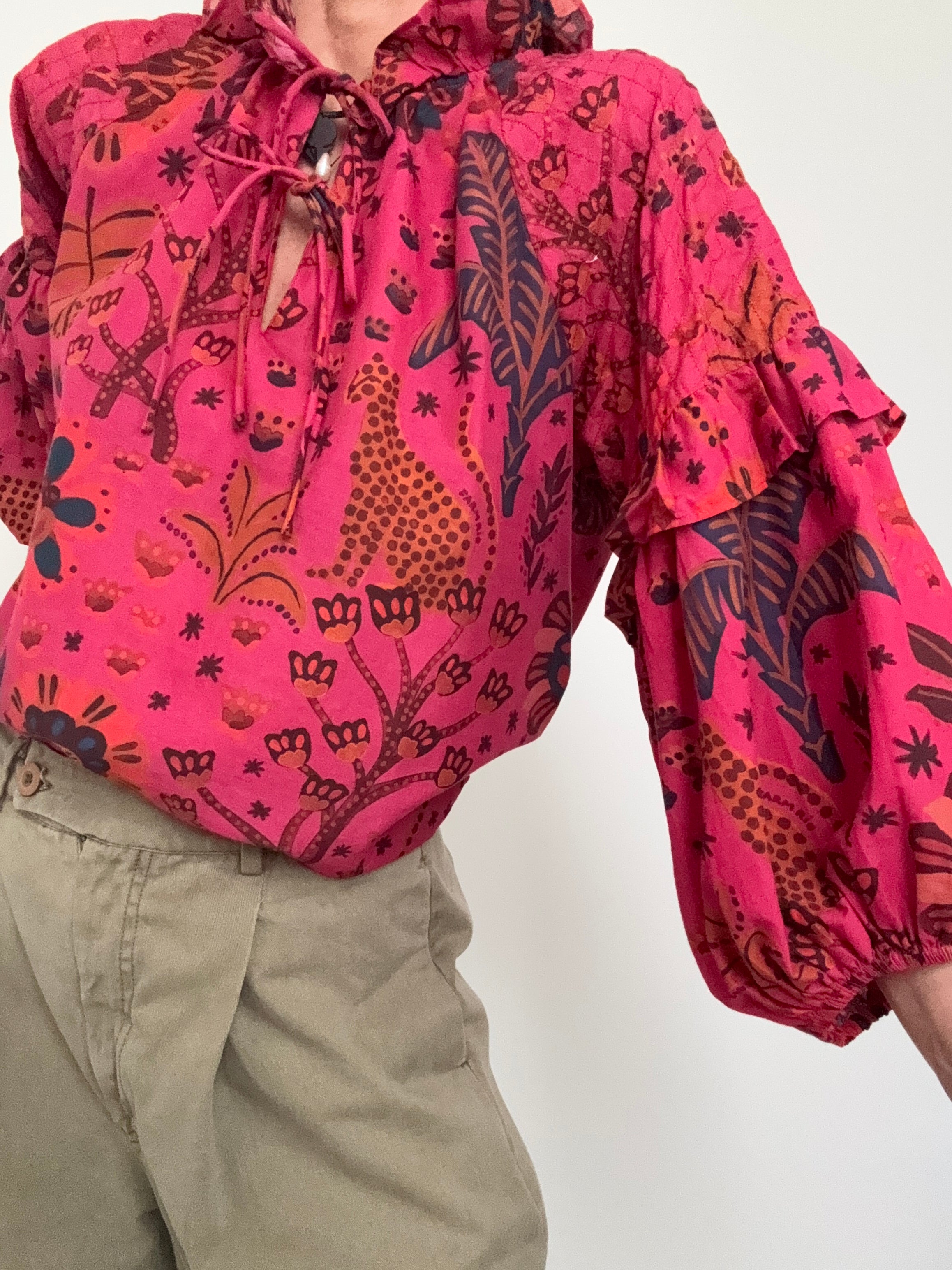 Farm Rio Tops Puff Sleeve Tropical Tie Blouse
