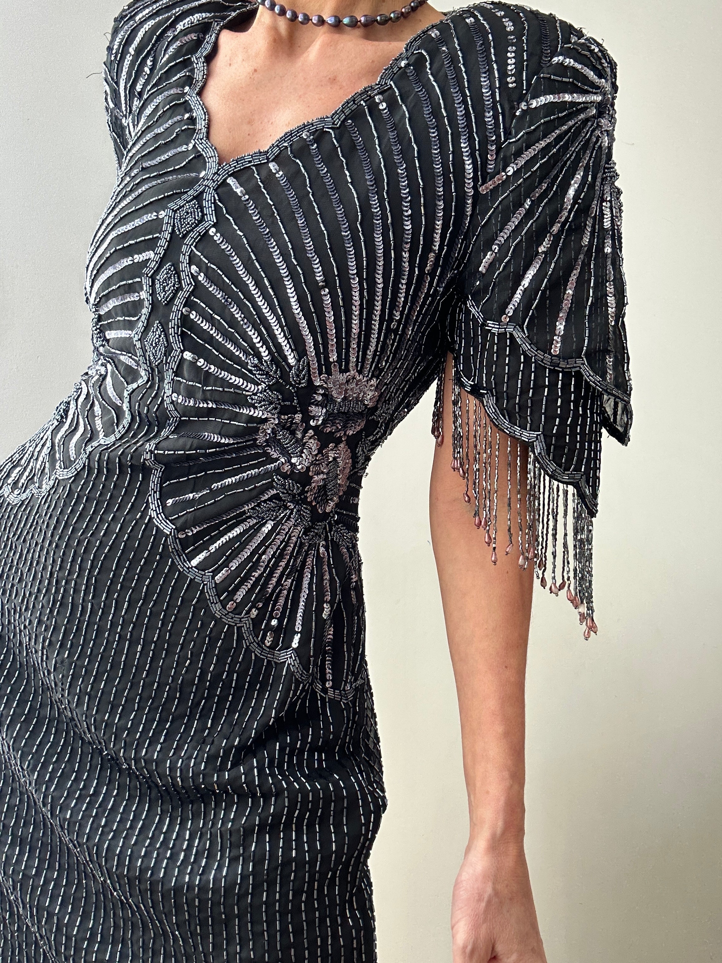 Future Nomads Dresses Scalloped V-Neck Beaded Dress