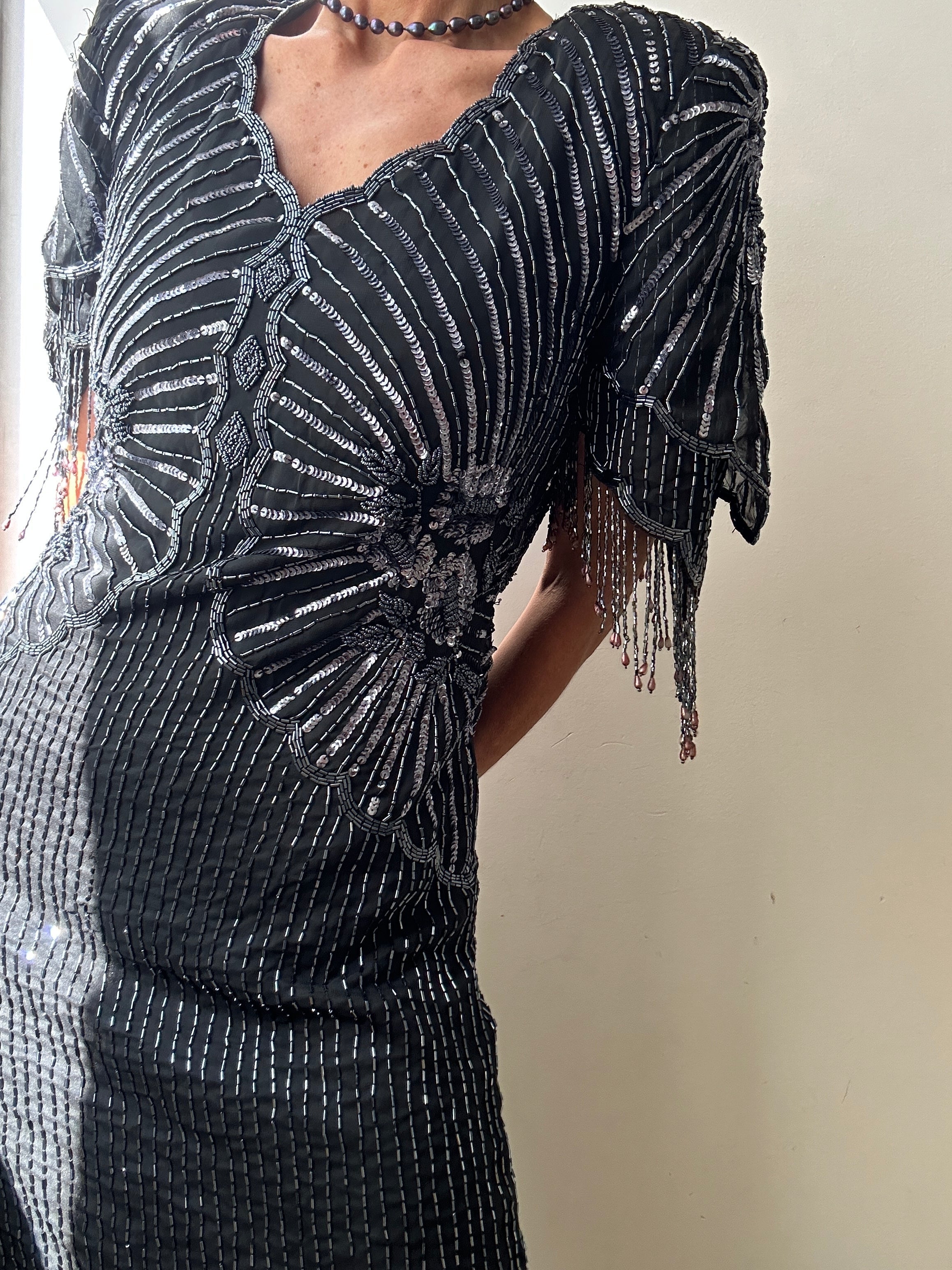 Future Nomads Dresses Scalloped V-Neck Beaded Dress