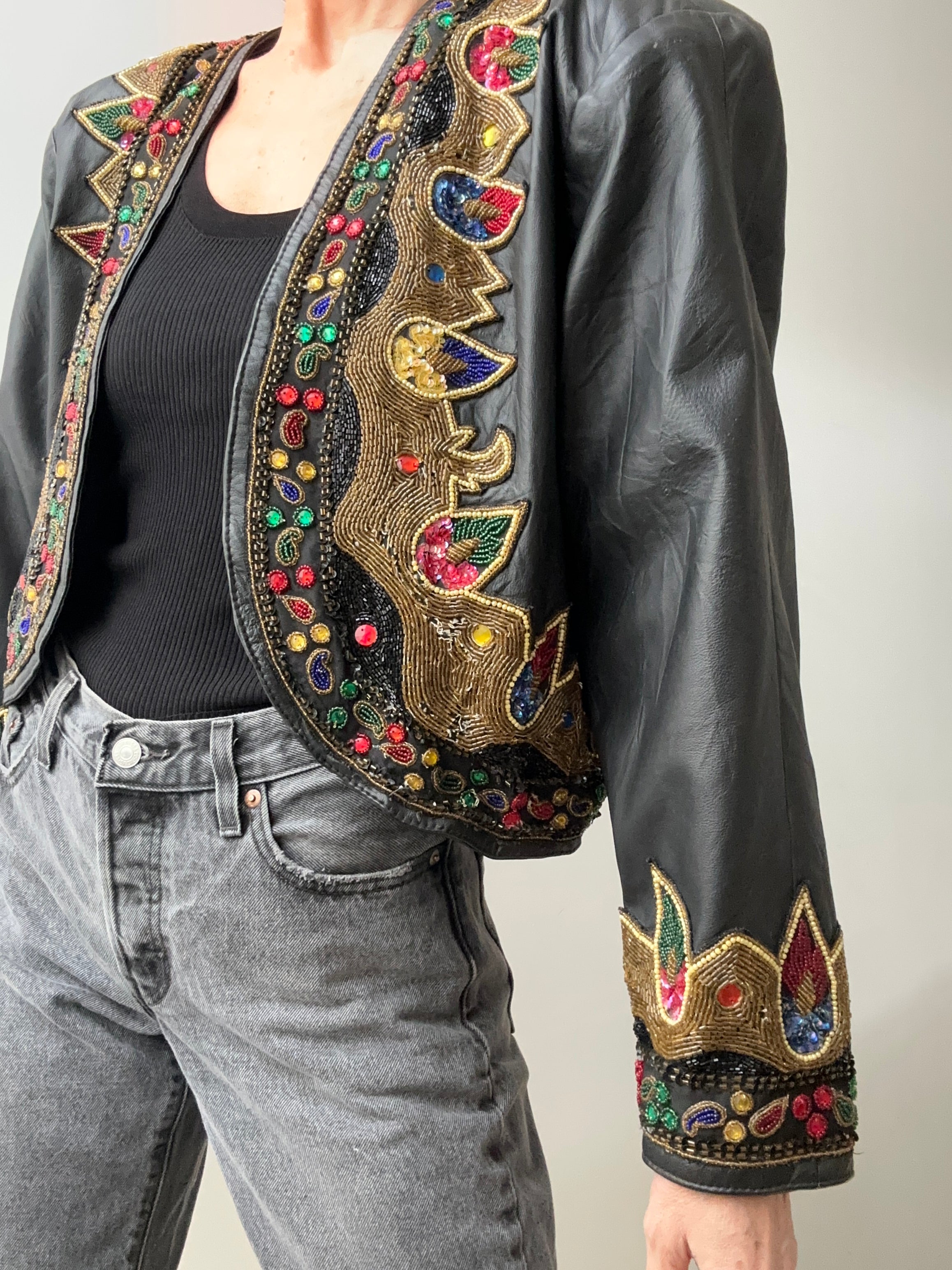 Vintage Leather Beaded Jacket | Jackets