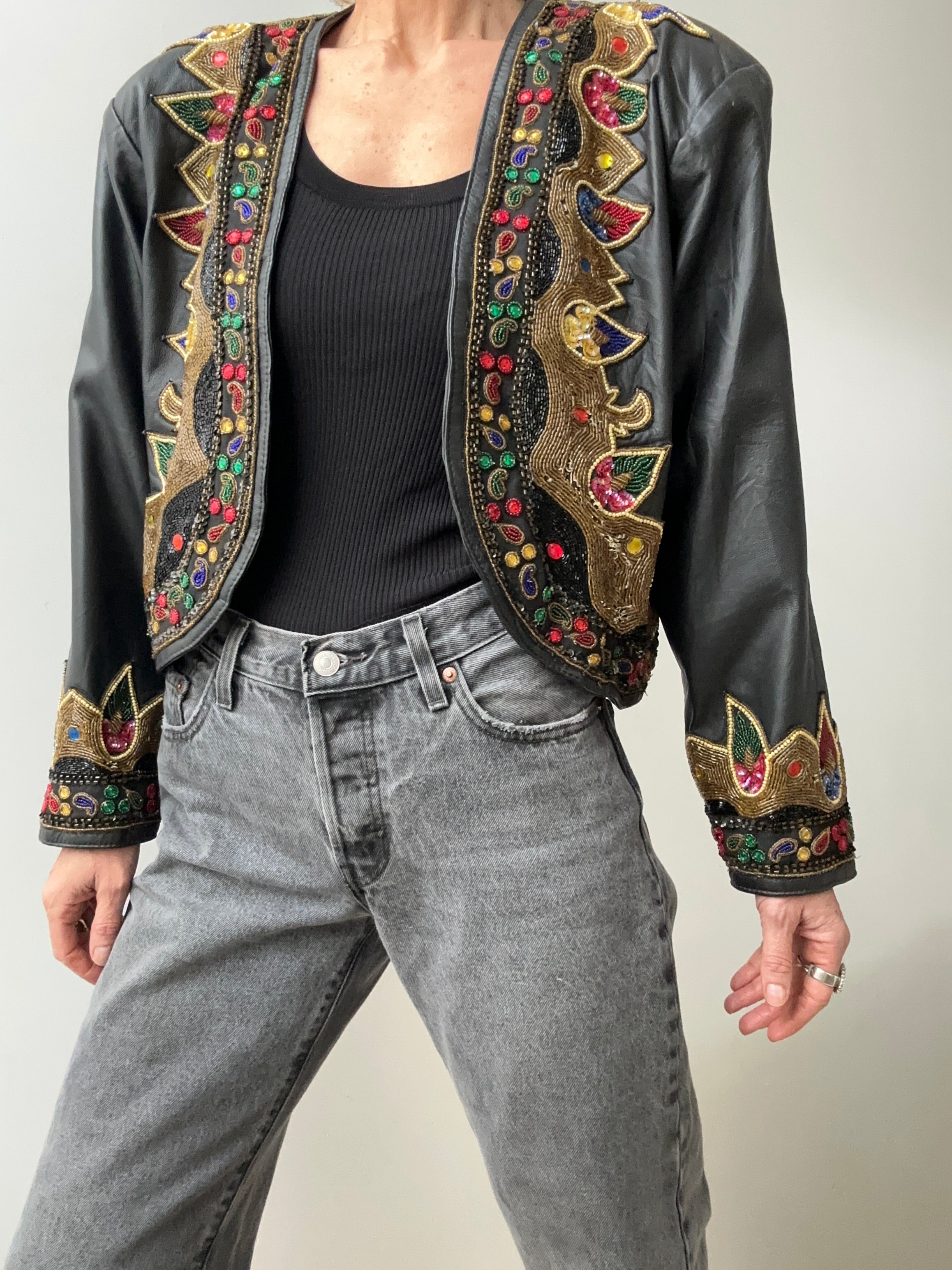 Vintage Leather Beaded Jacket | Jackets