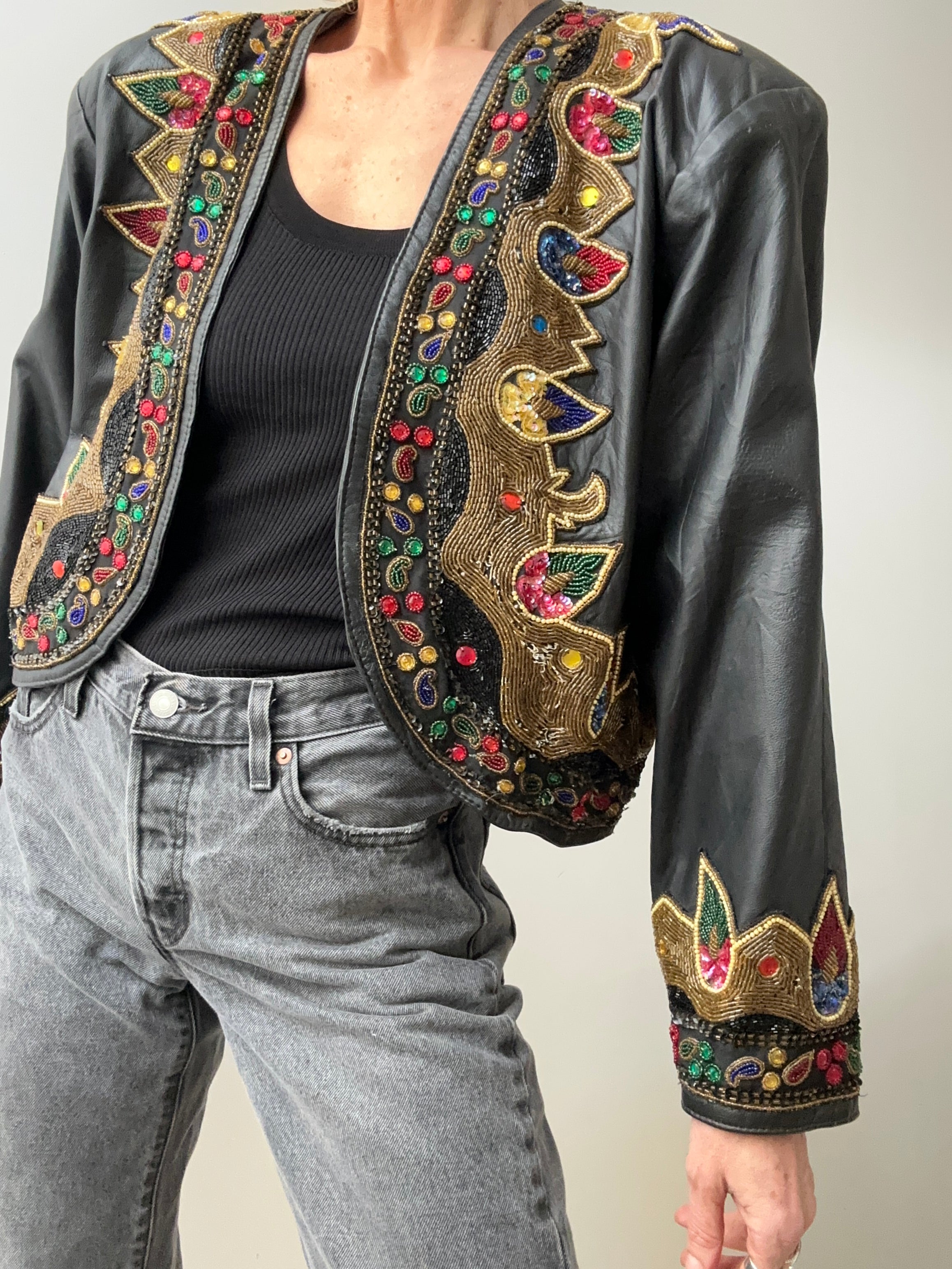 Vintage Leather Beaded Jacket | Jackets