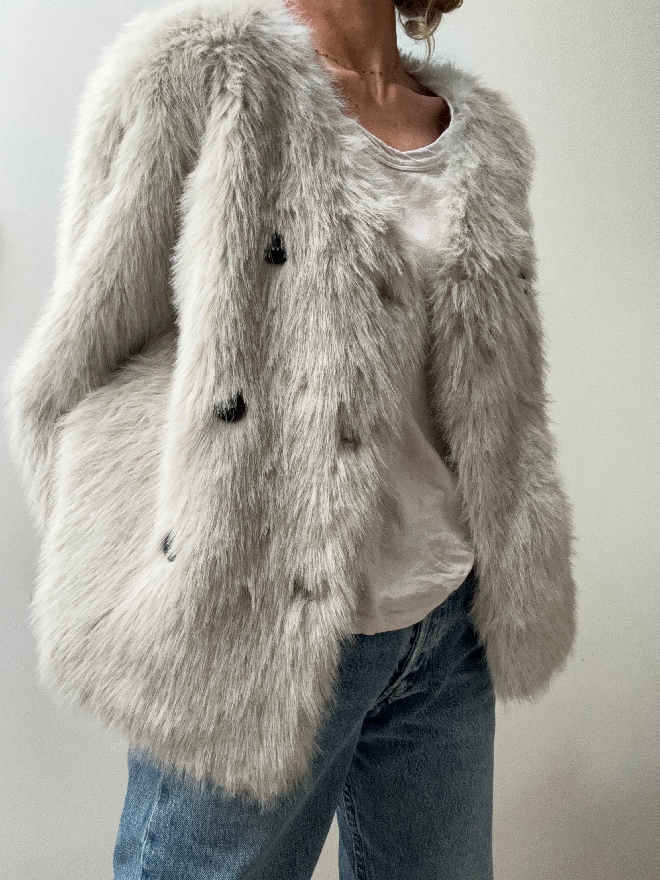 Grey Fur Double Breasted Jacket | Jackets