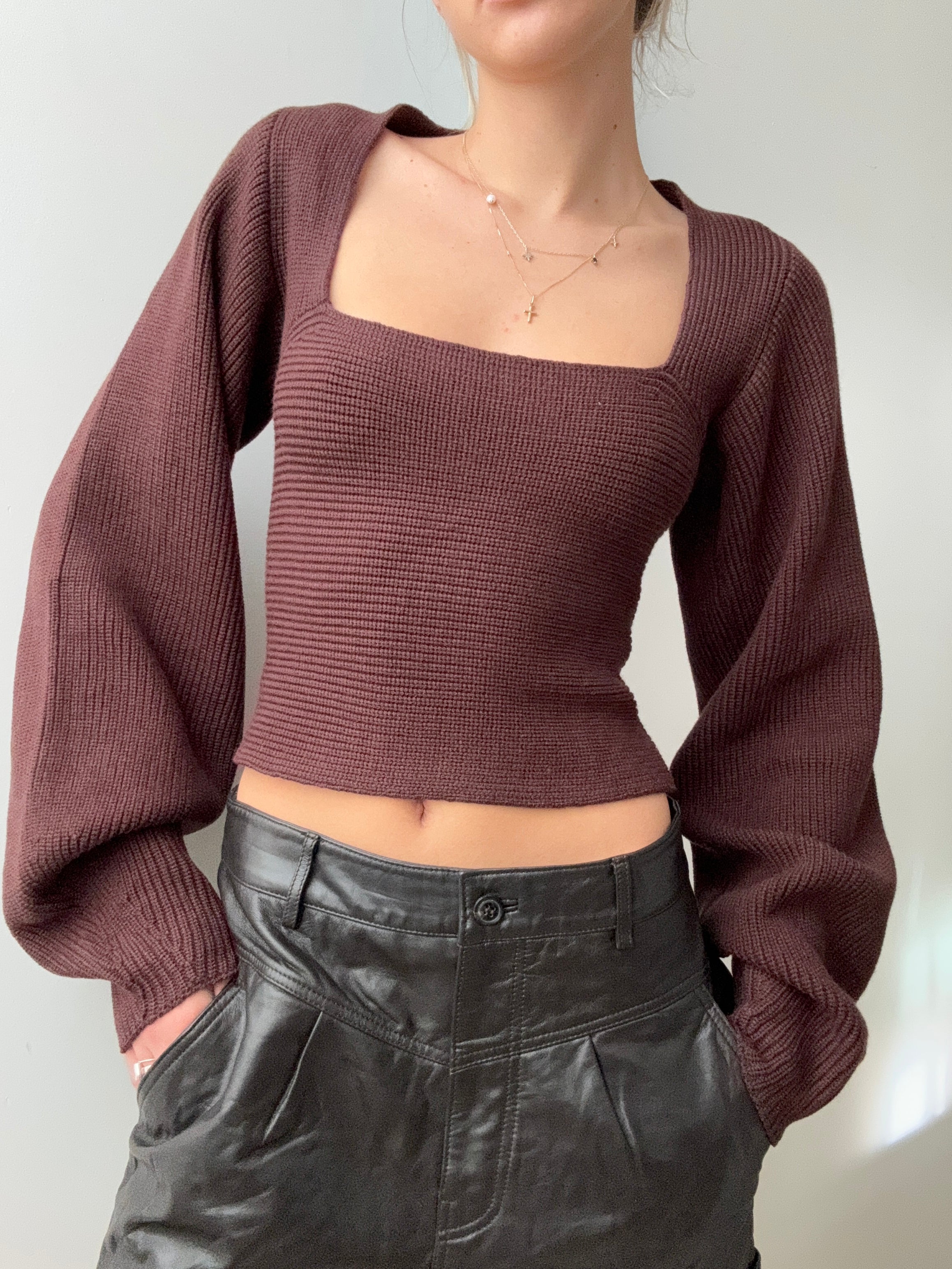 Square Neck Ribbed Knit Top Brown | Jumpers