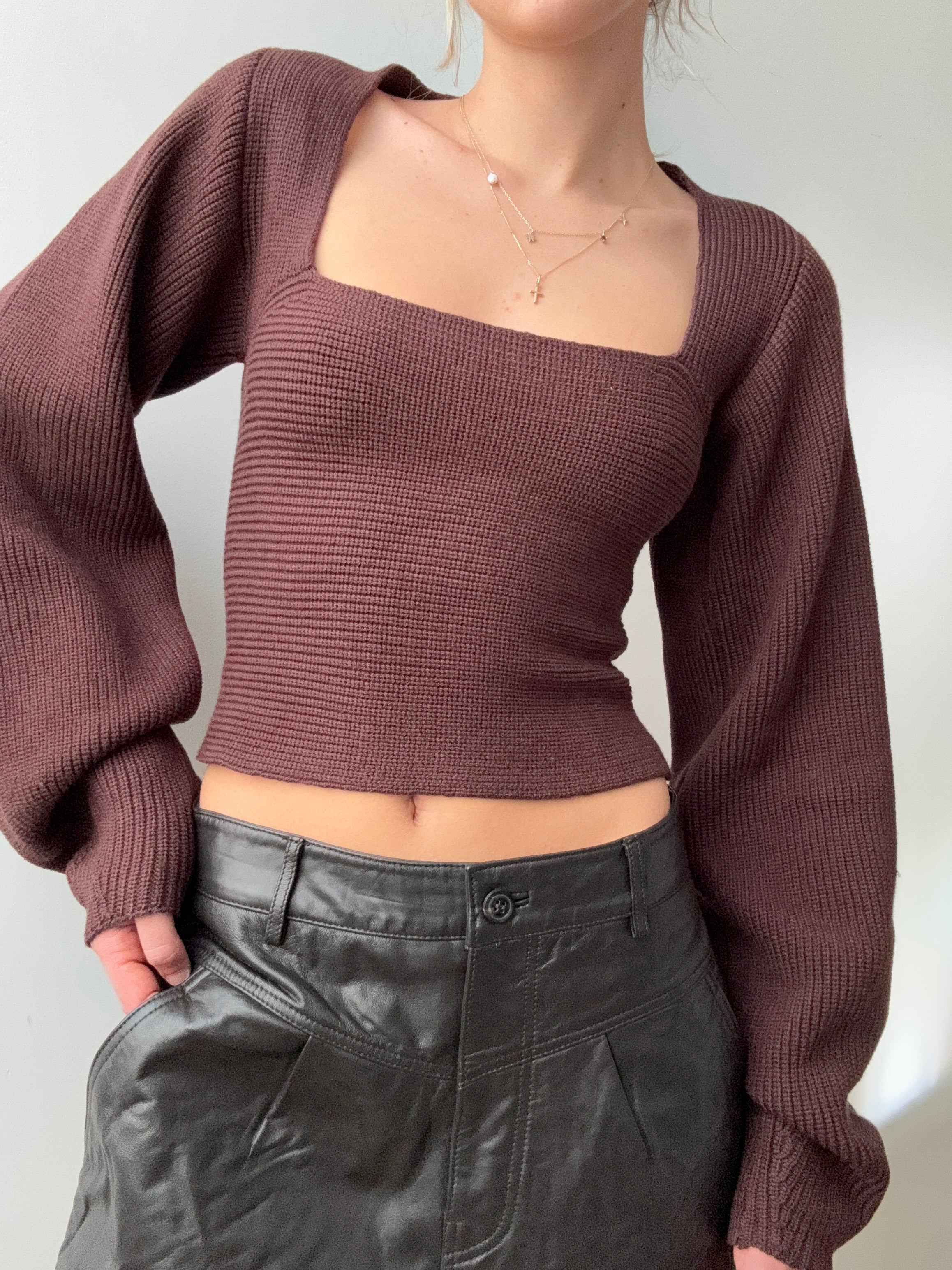 Square Neck Ribbed Knit Top Brown | Jumpers