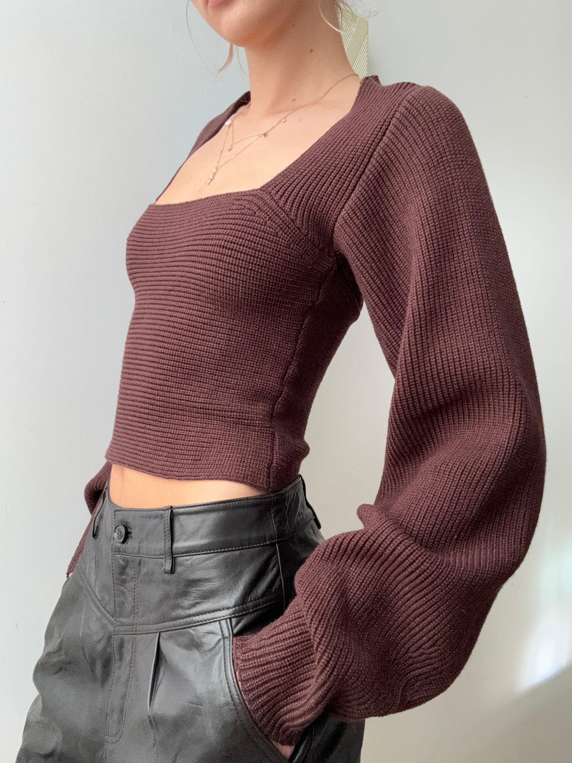 Square Neck Ribbed Knit Top Brown | Jumpers