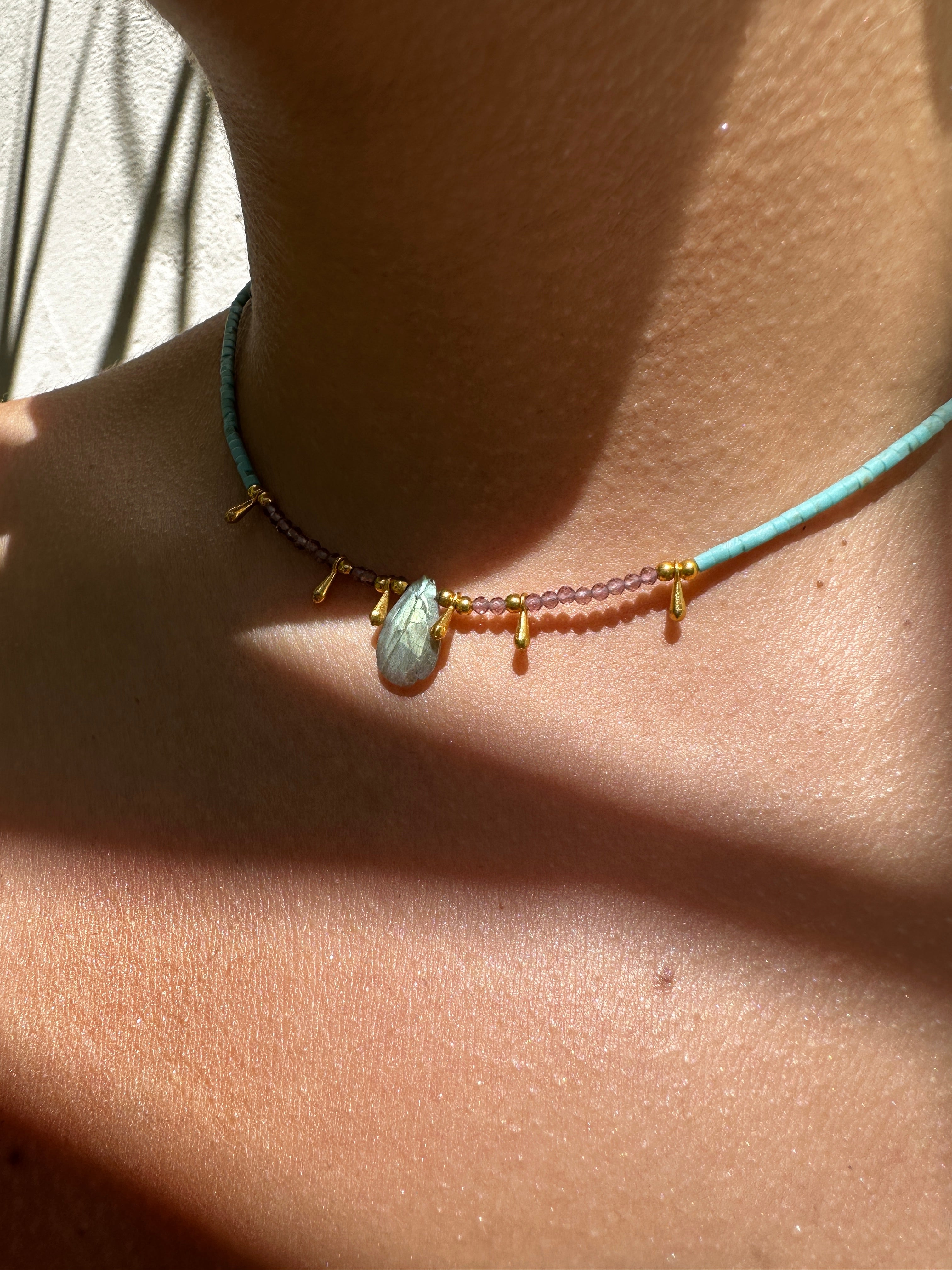 Rainbow Stone Gold Bead Necklace | Necklaces