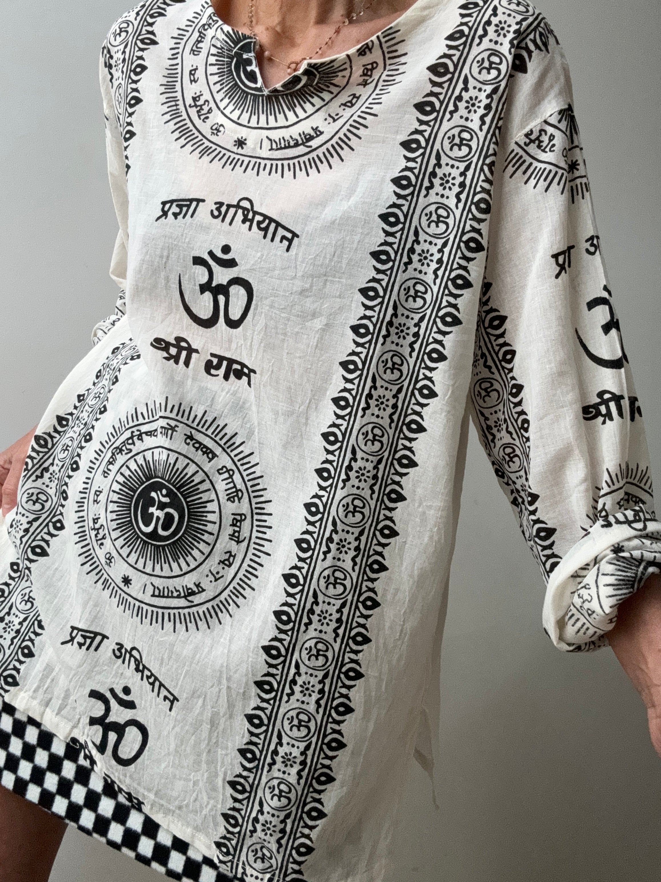 Block Print Aum Long Sleeve Top - Black | Tops