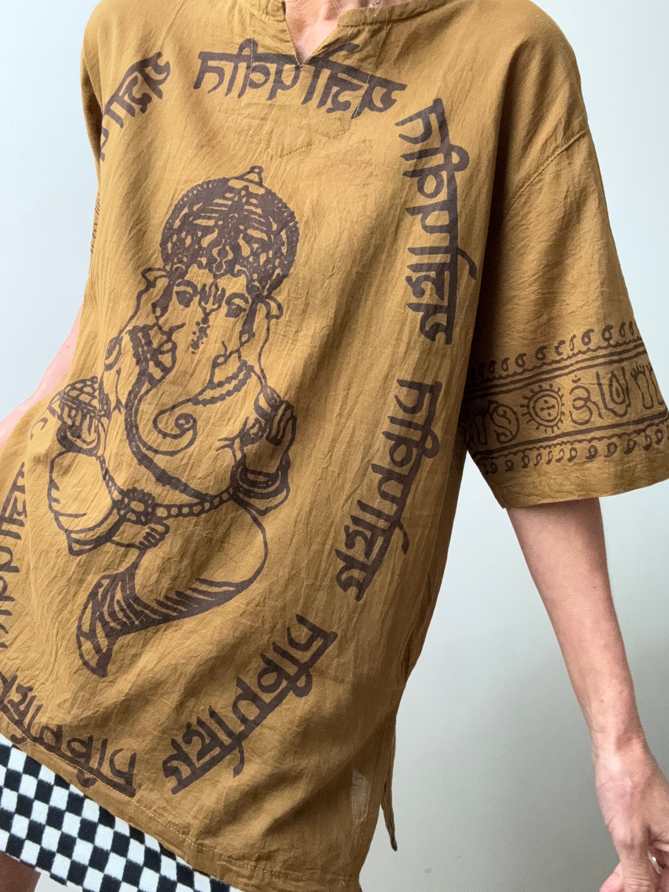 Future Nomads Tops Block Print Ganesh Short Sleeve Top - Green