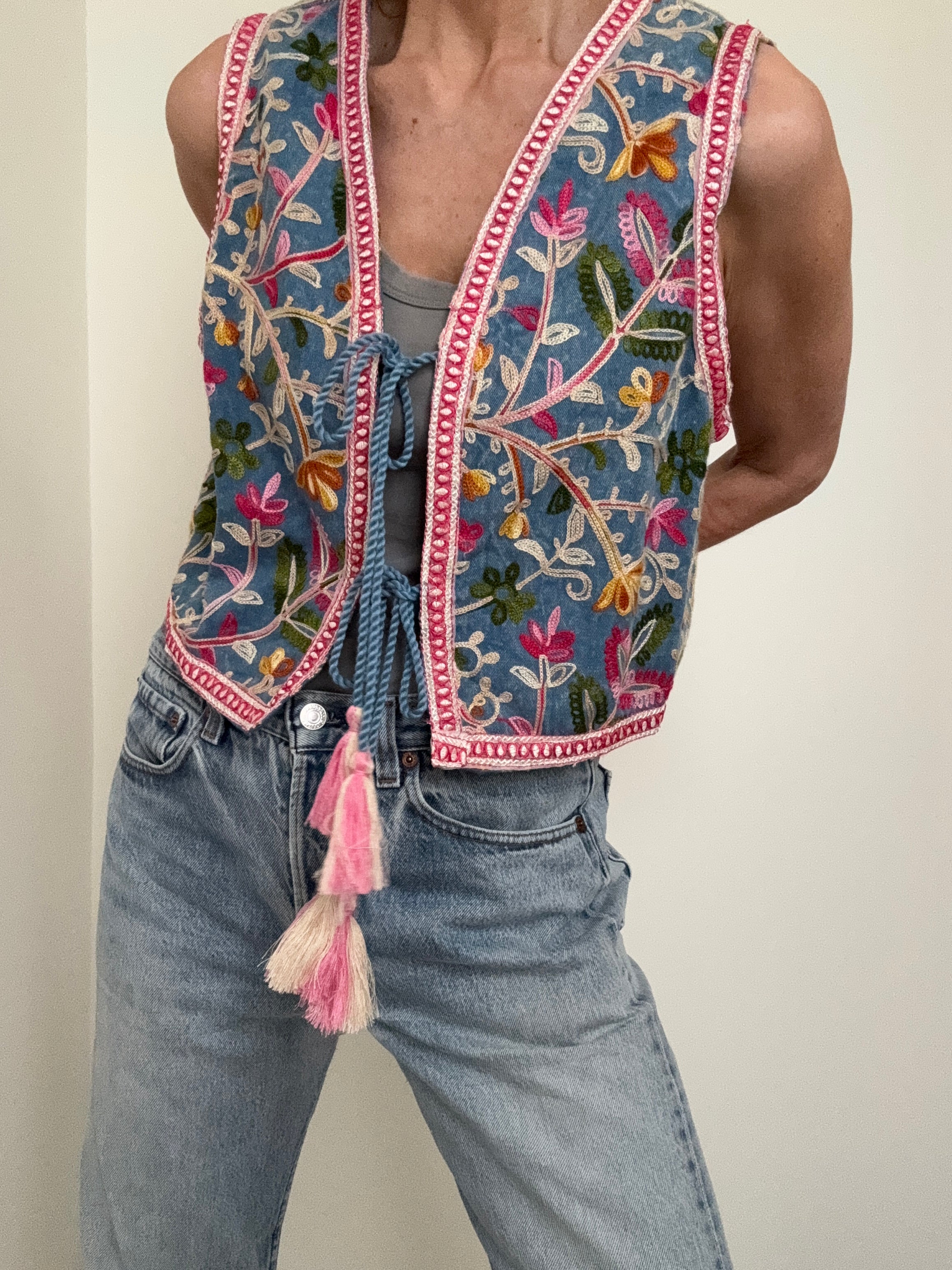 Future Nomads Vests Handmade Embroidered Denim Vest Floral