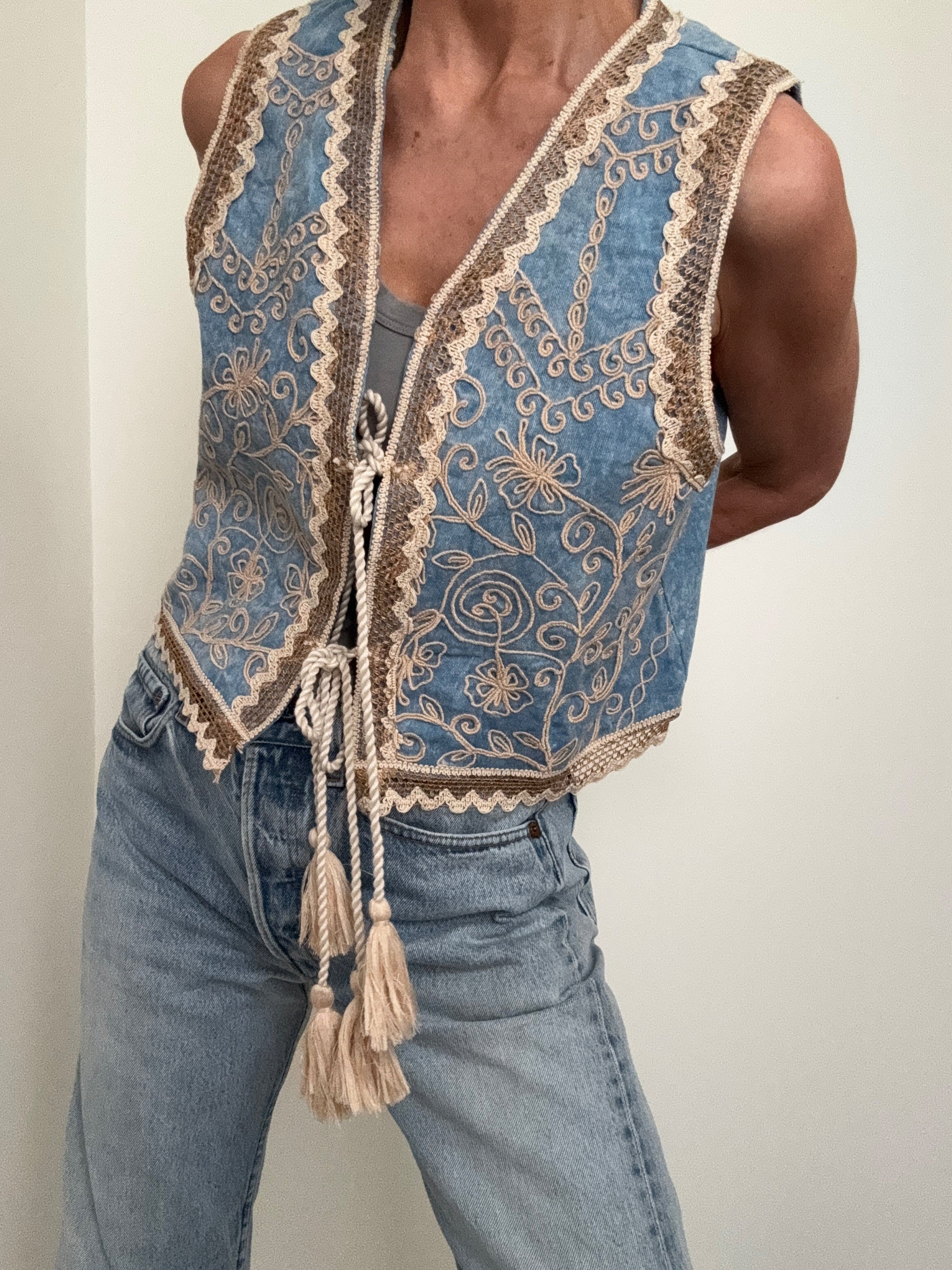 Future Nomads Vests Handmade Embroidered Denim Vest Tan