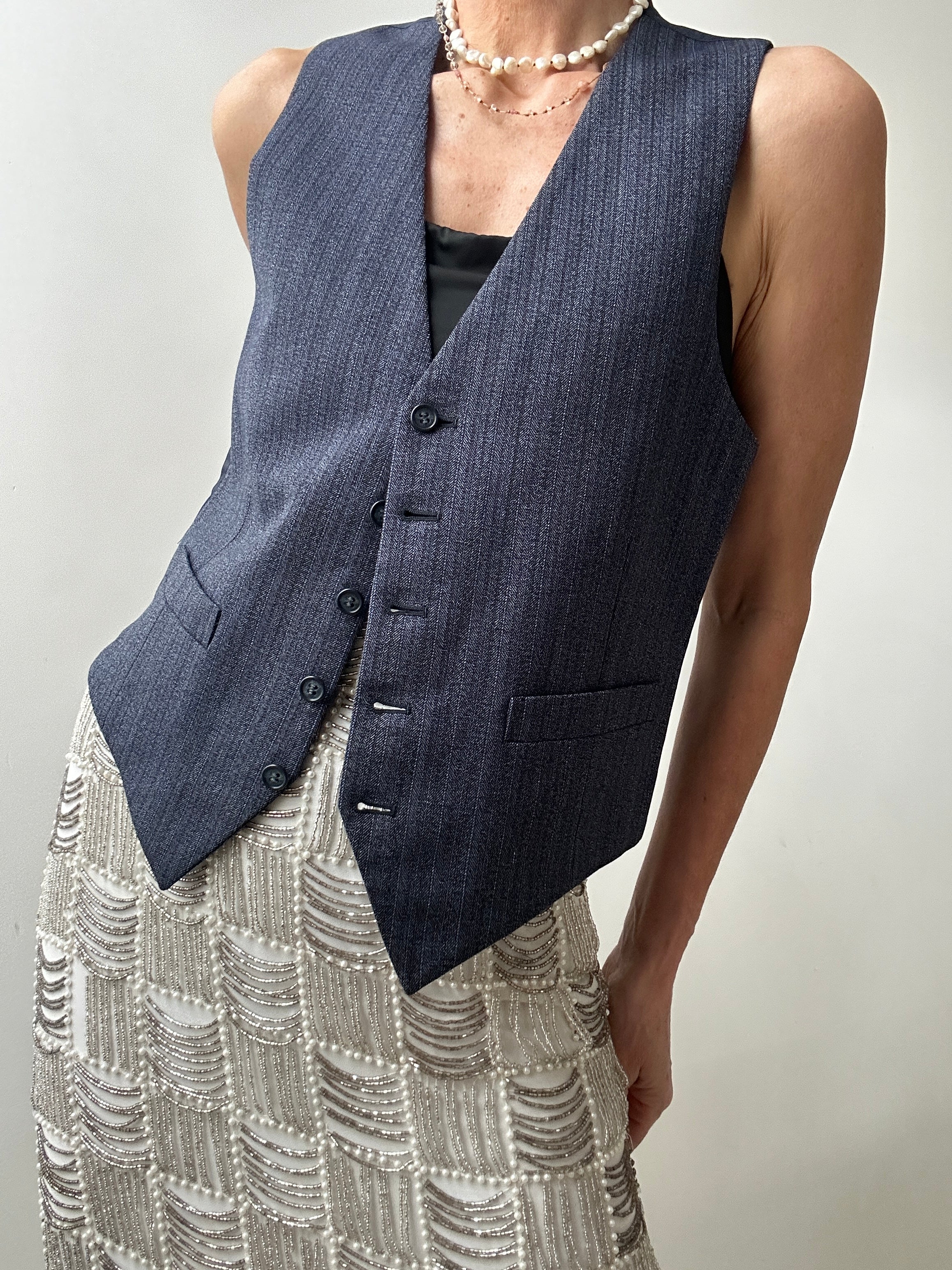 Future Nomads Vests Medium Vintage Suit Vest Black Blue Stripe