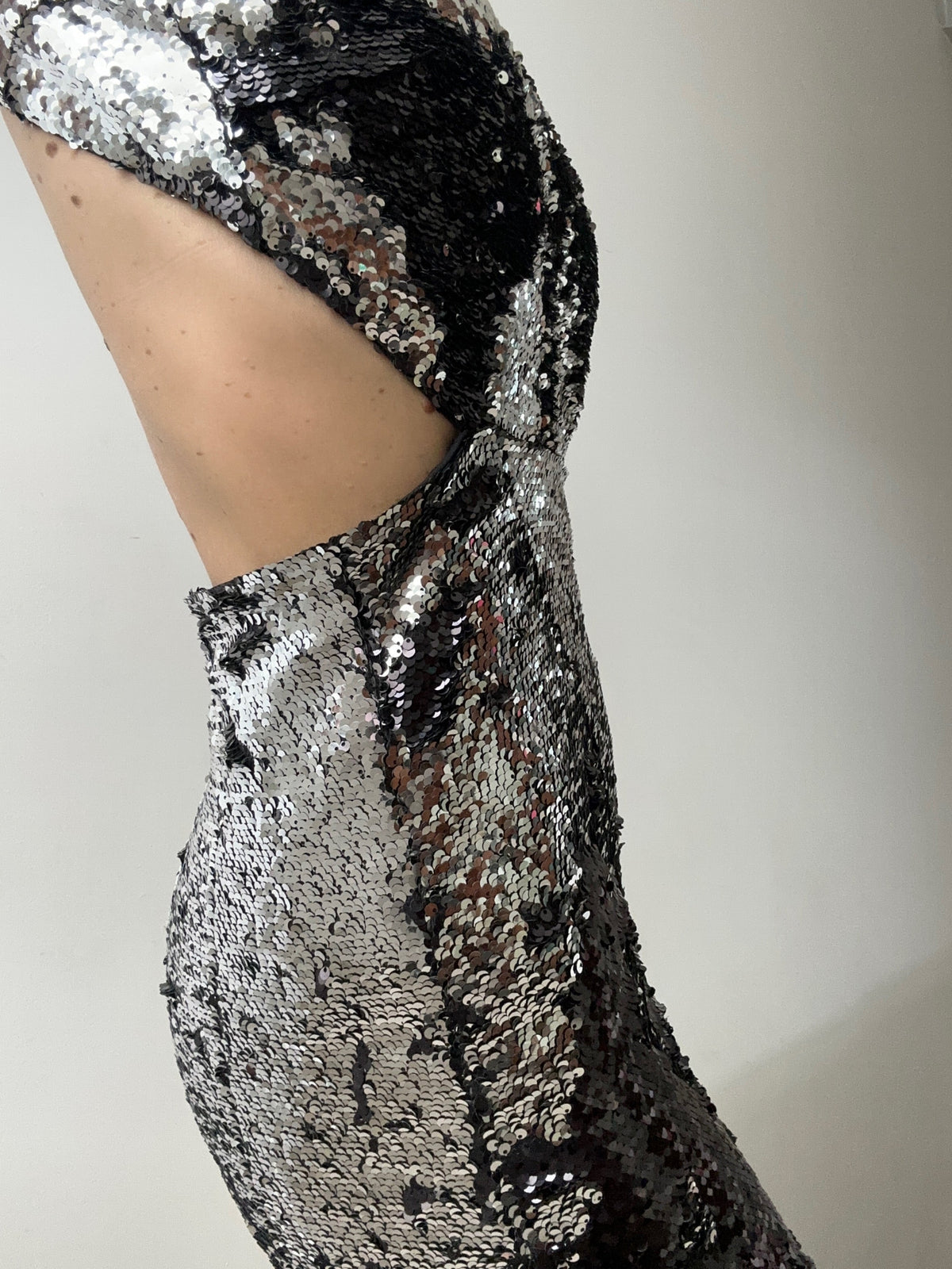 Ganni Highneck Backless Sequin Dress Black Silver