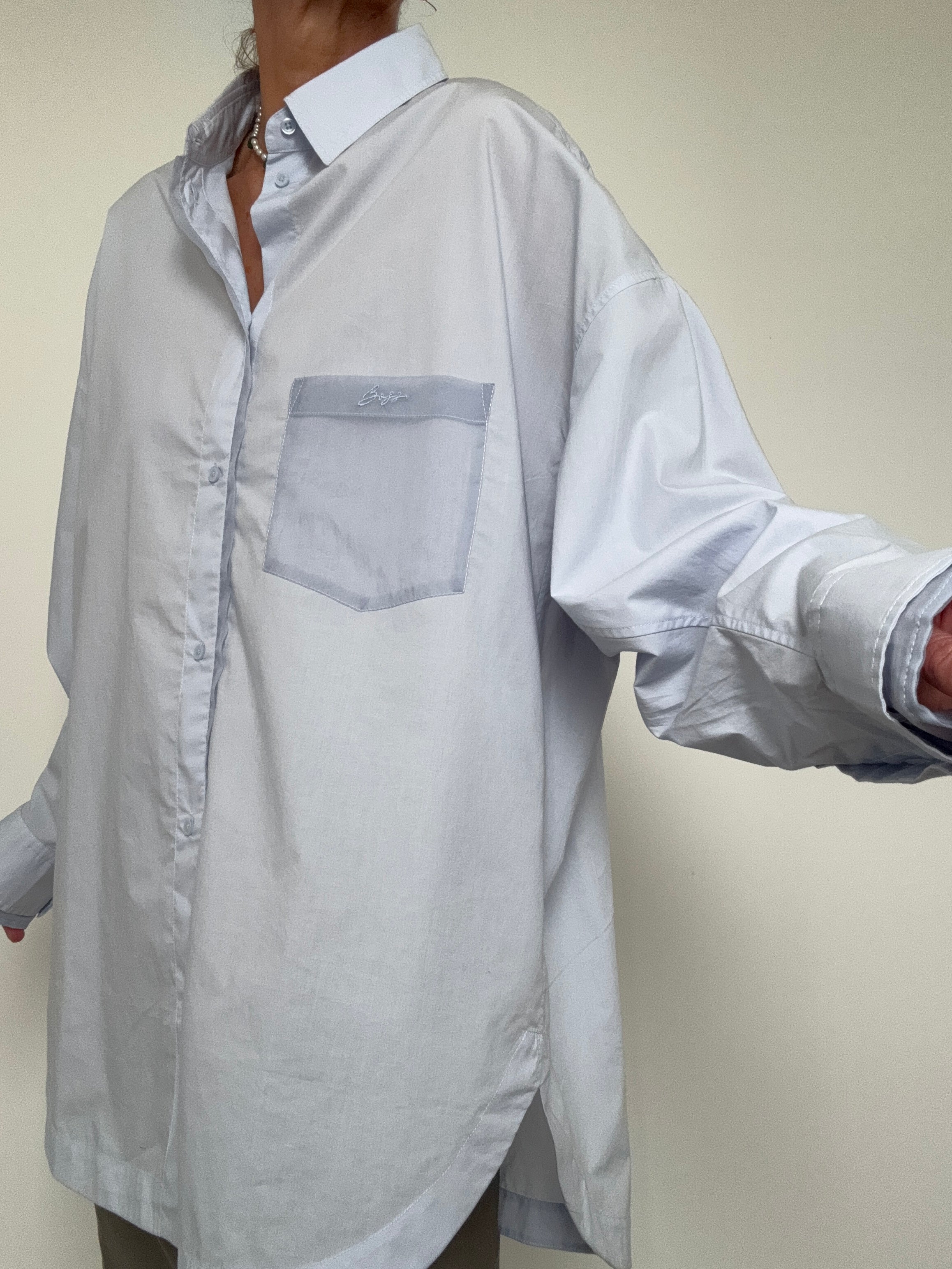 Oversized Fit Blouse In Cotton Poplin And Organza Blue | Tops