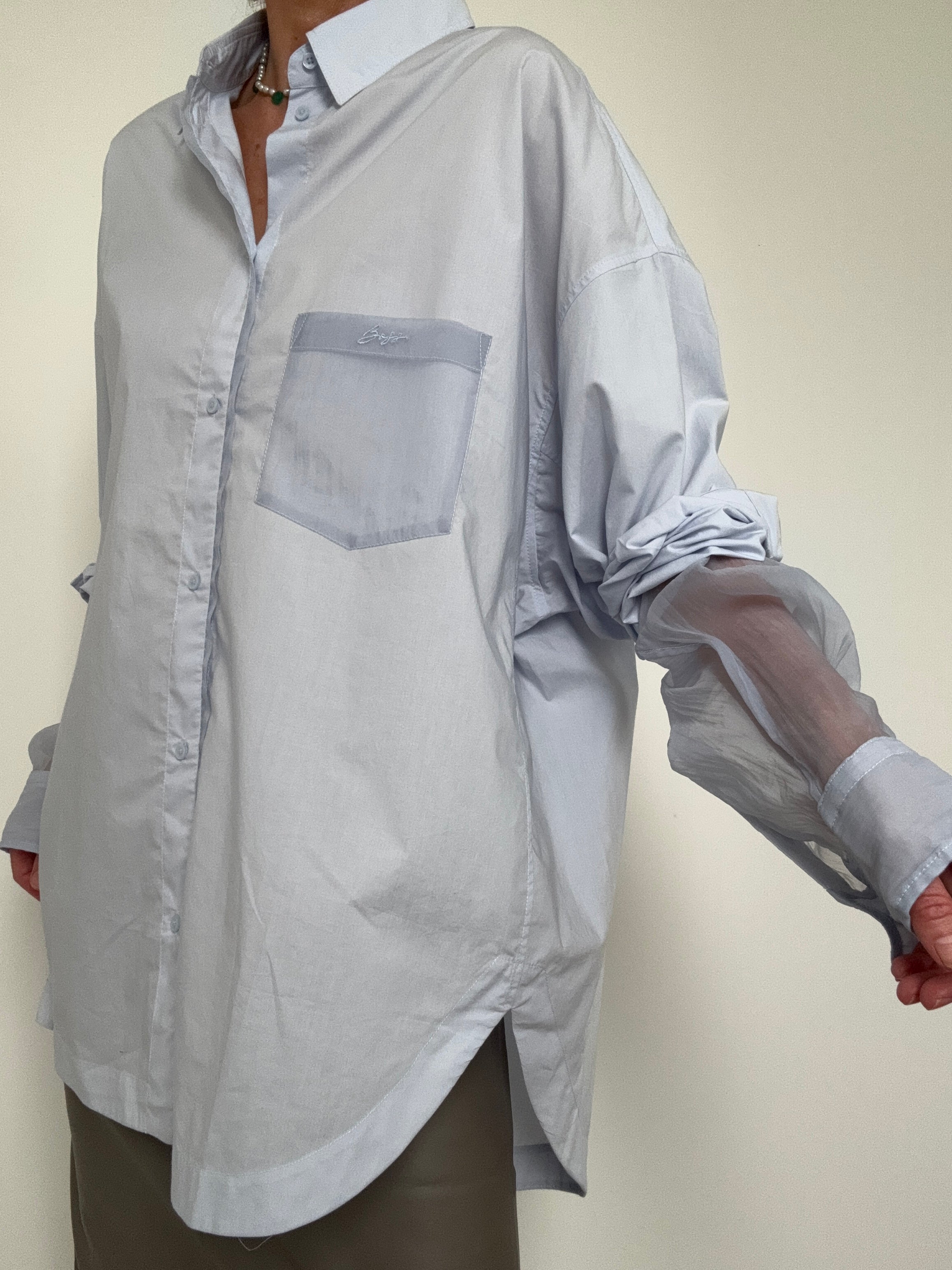 Oversized Fit Blouse In Cotton Poplin And Organza Blue | Tops