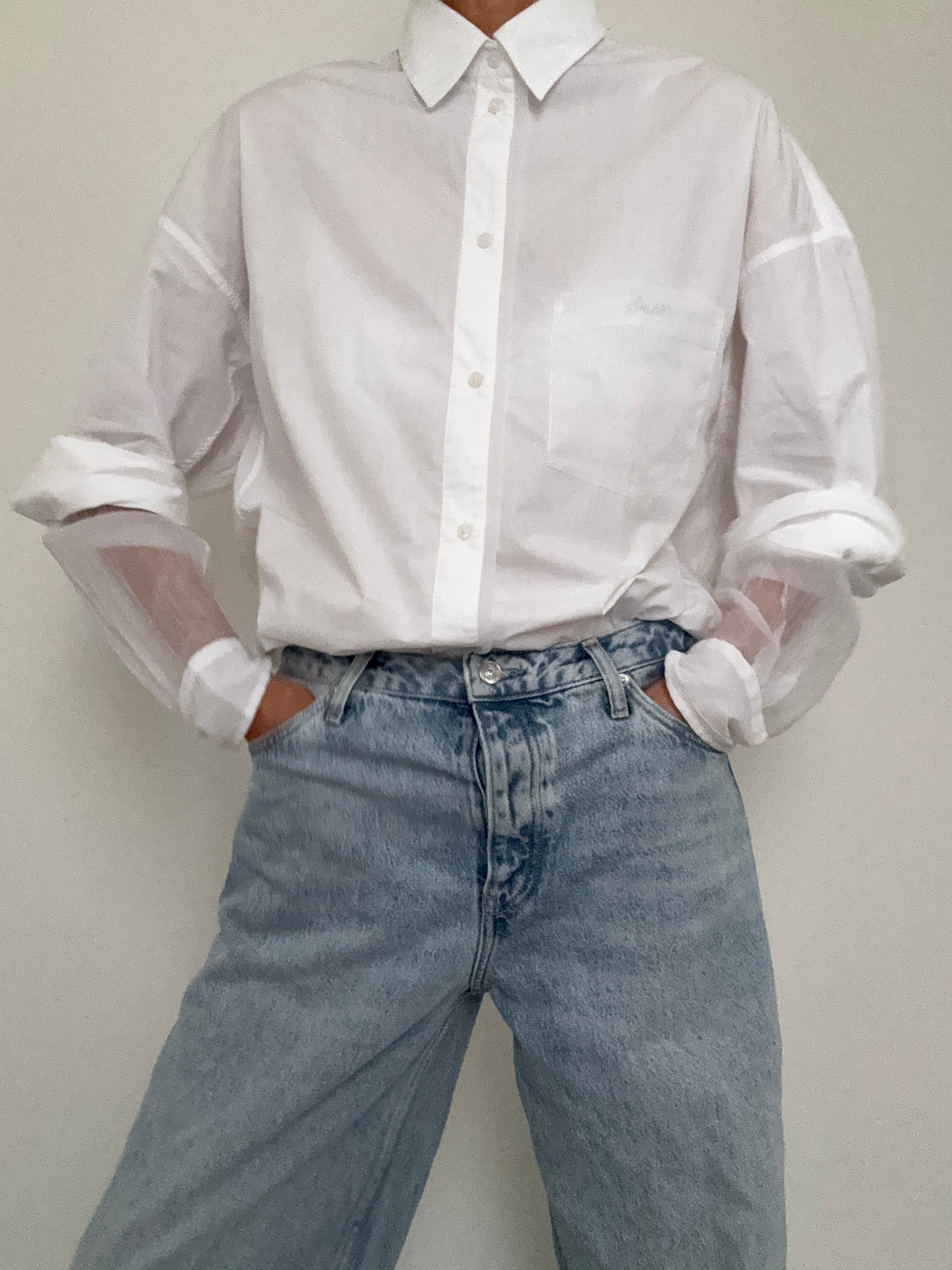 Oversized Fit Blouse In Cotton Poplin And Organza White | Tops