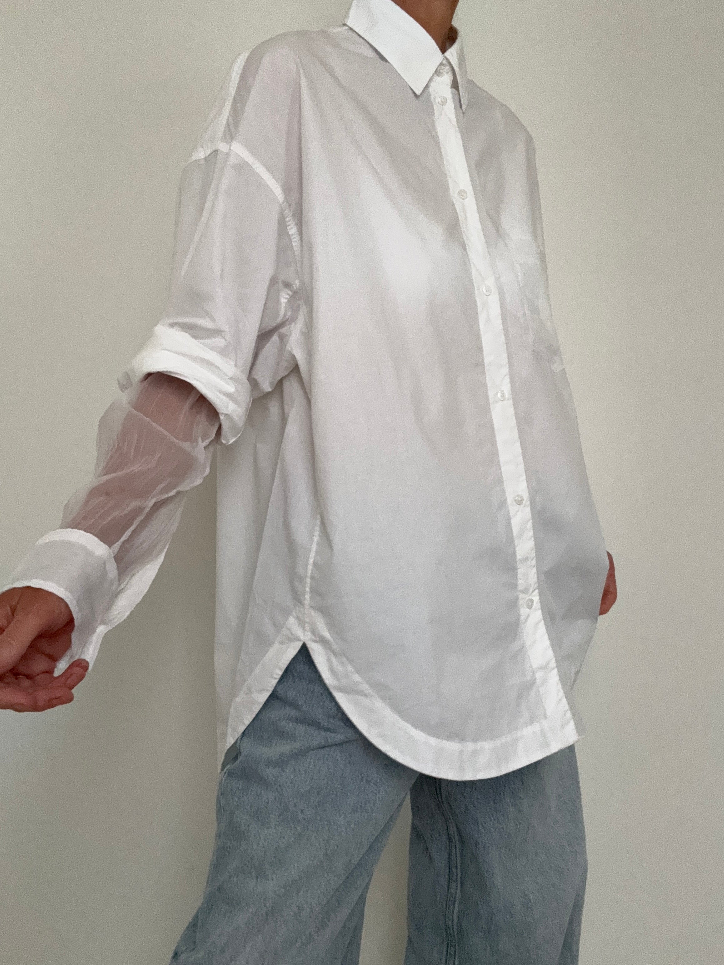 Oversized Fit Blouse In Cotton Poplin And Organza White | Tops