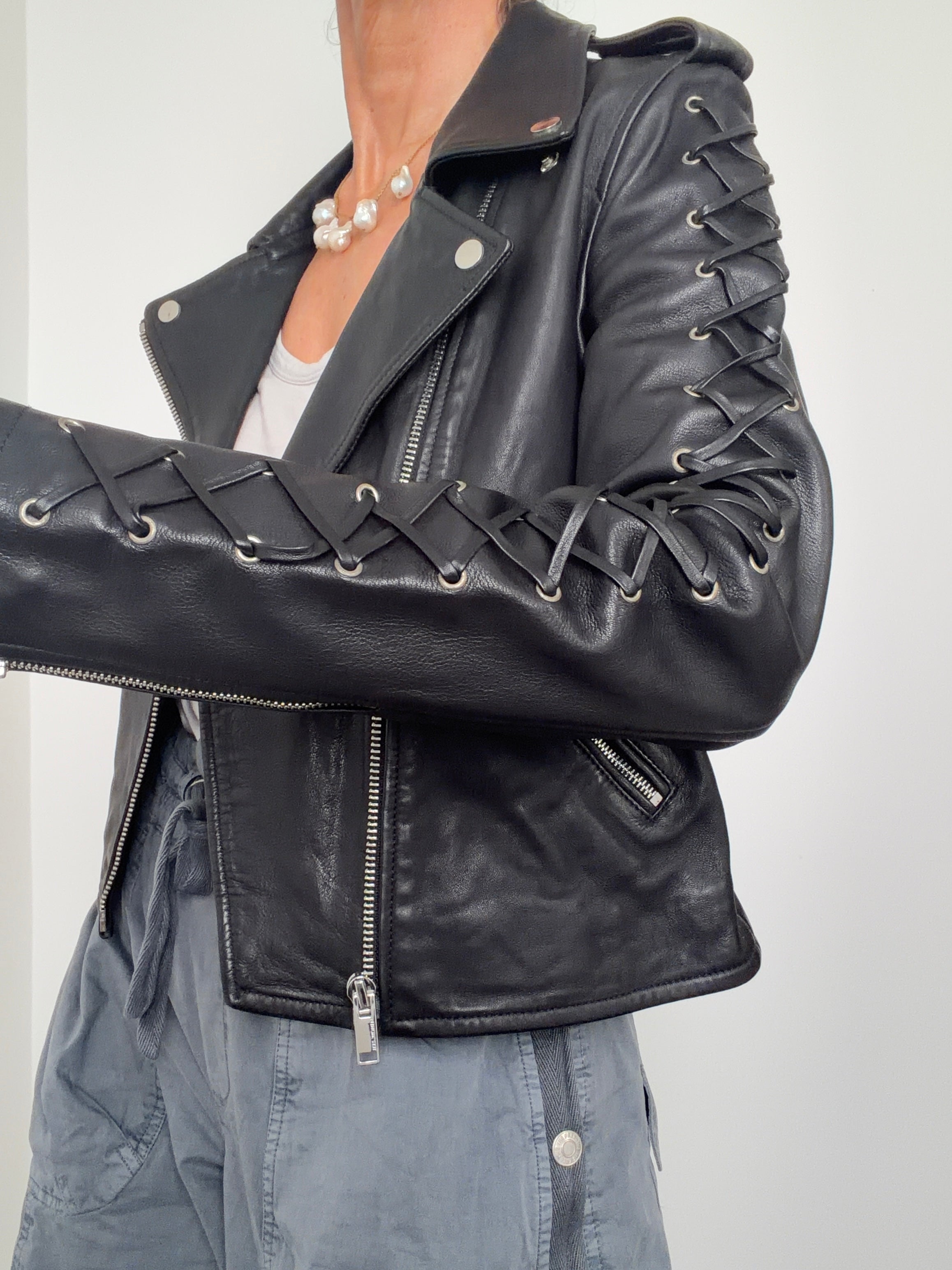 IKKS Jackets Small Lace Up Leather Biker Jacket