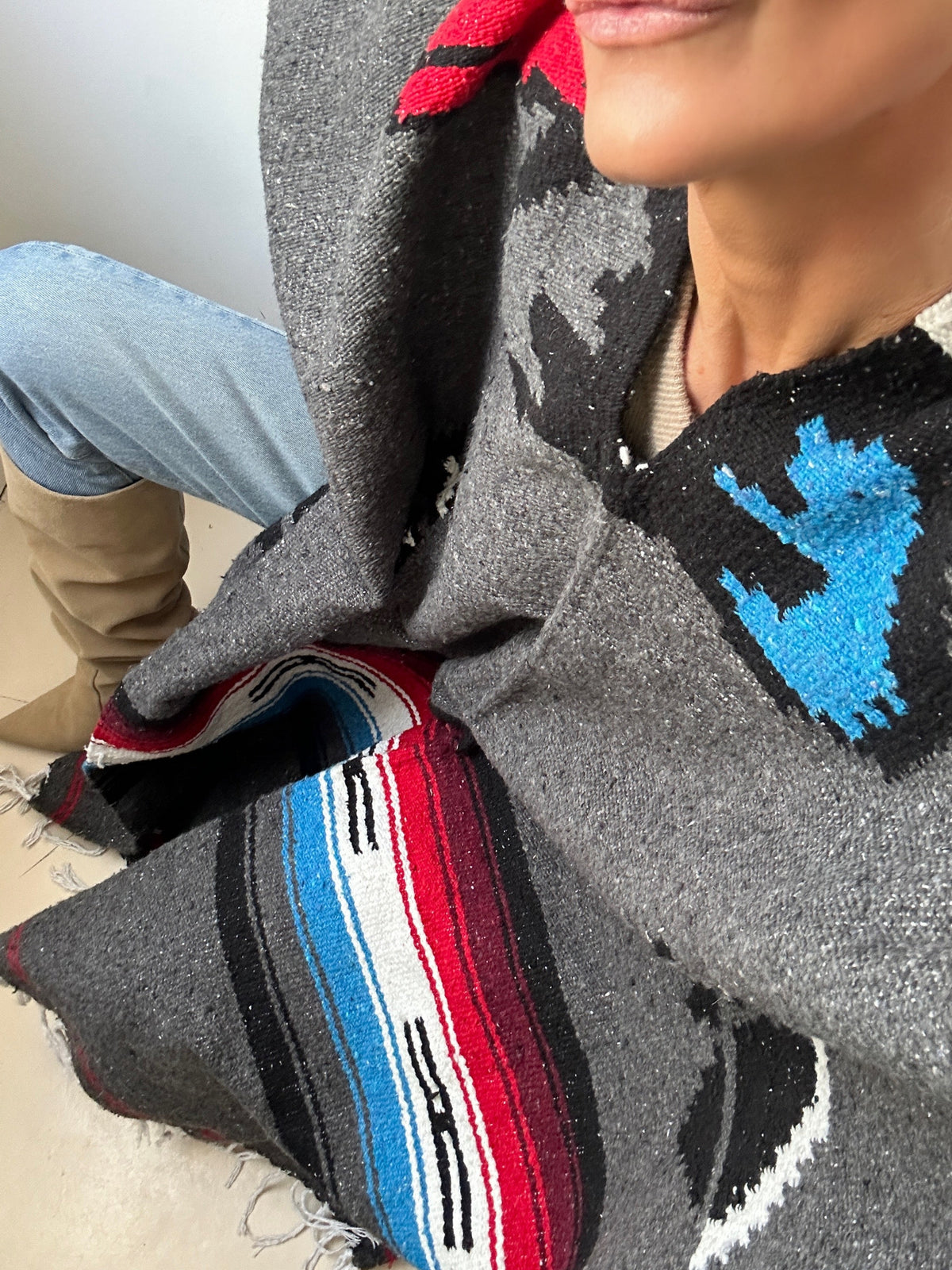 Mexican Poncho Grey & Blue