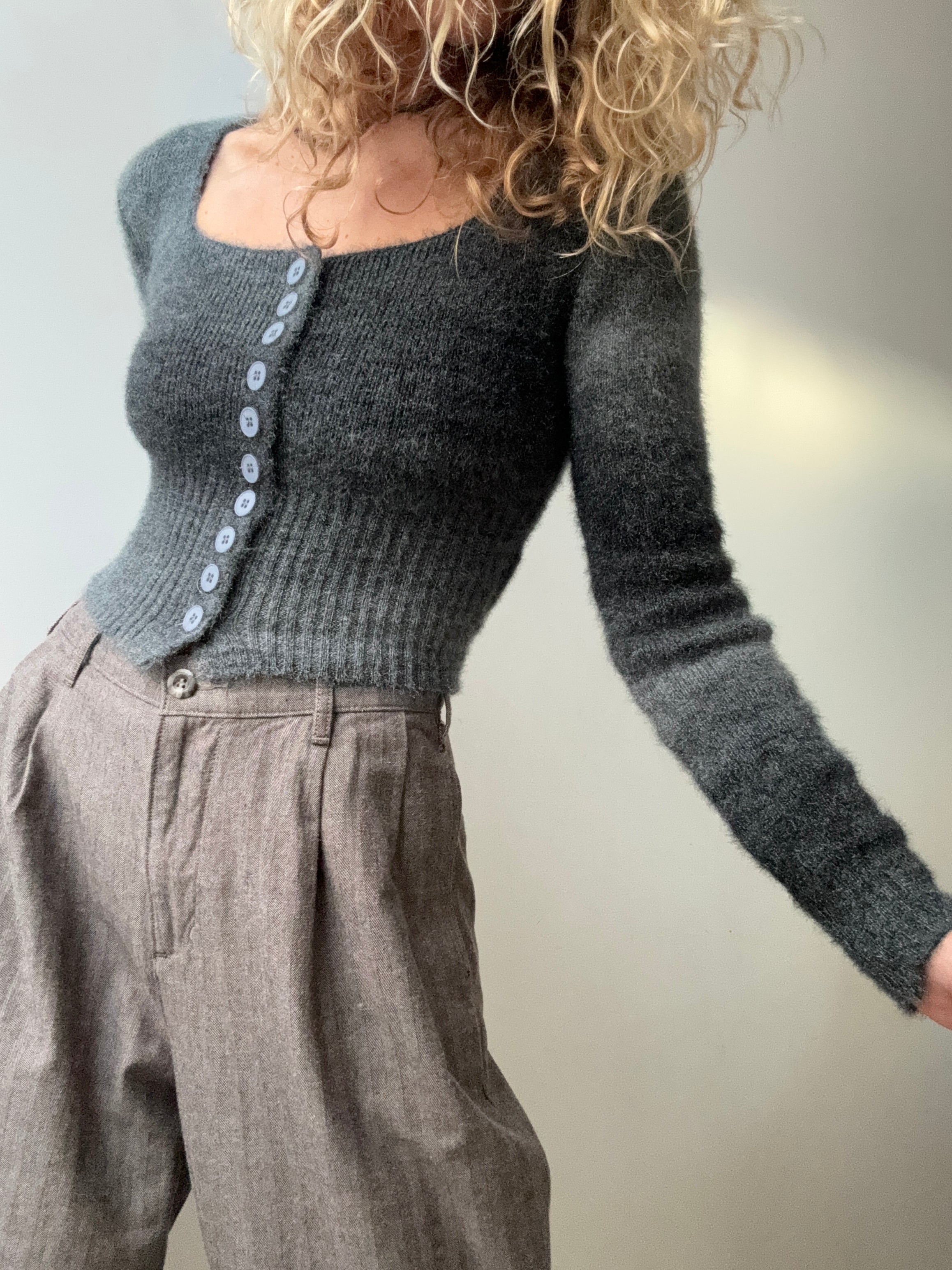 Grey Hues Square Neck Crop Cardigan | Cardigans