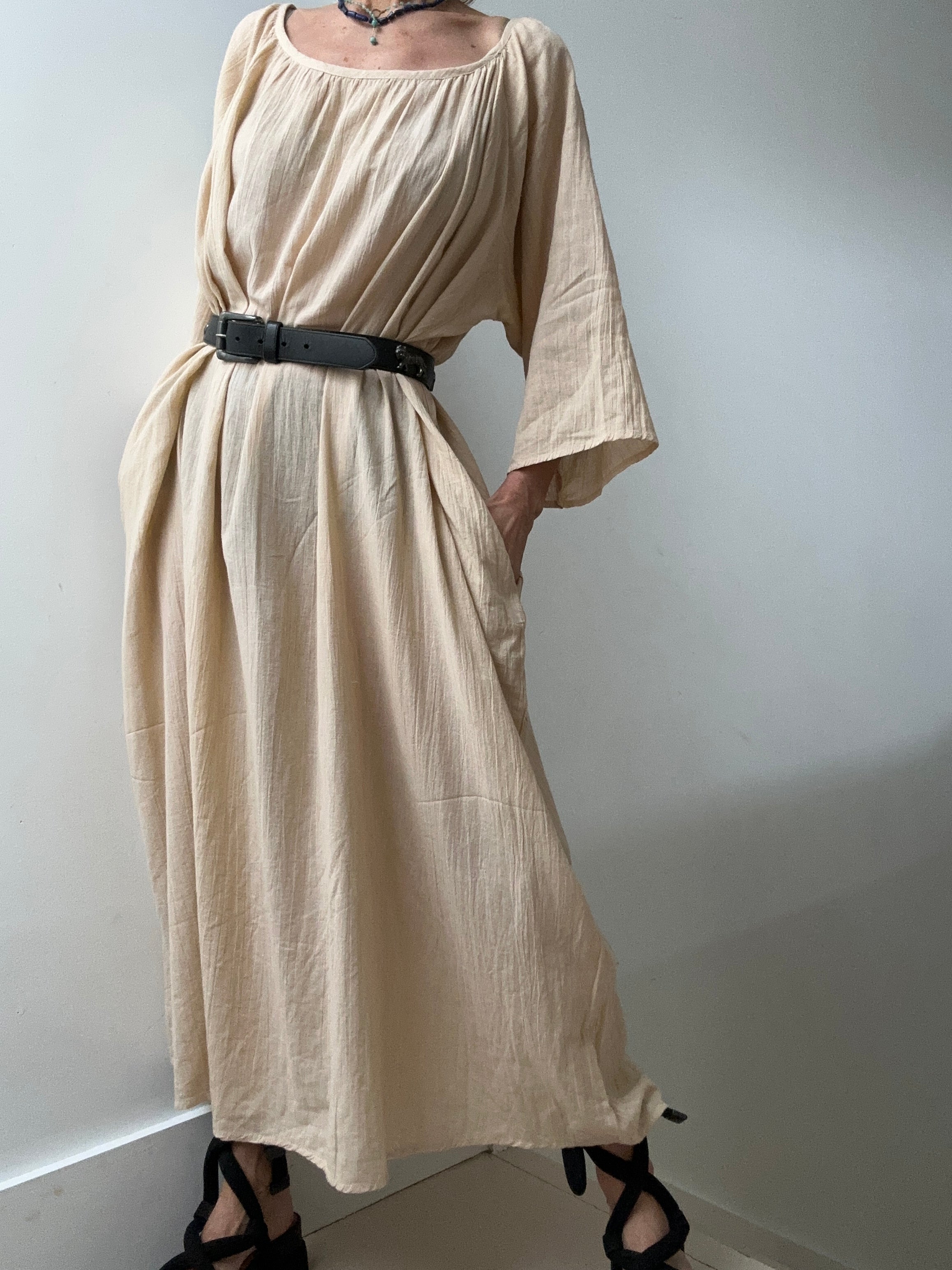 Jetsetbohemian Dresses One Size Round Neck Cotton Dress in Biege