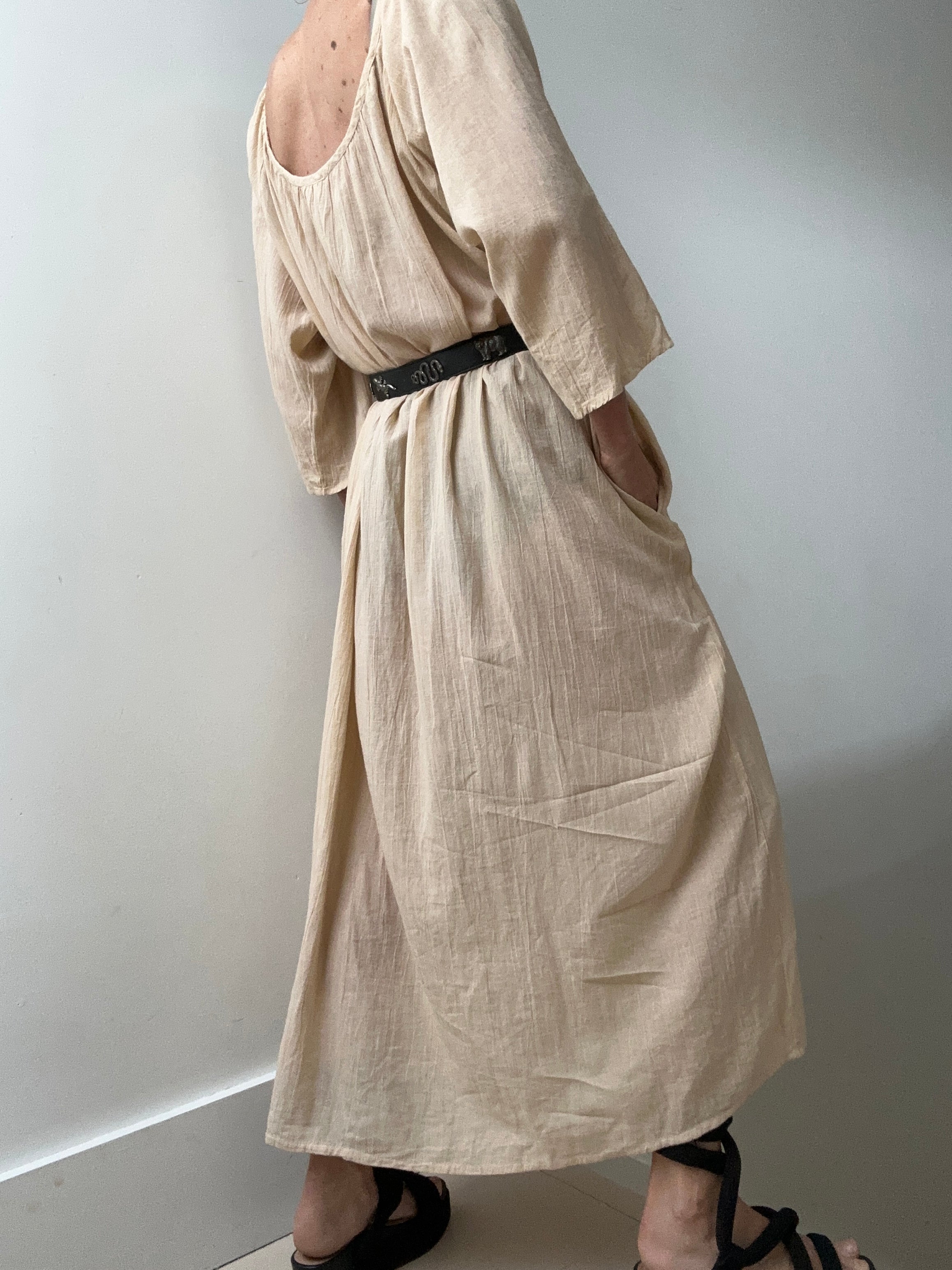 Jetsetbohemian Dresses One Size Round Neck Cotton Dress in Biege