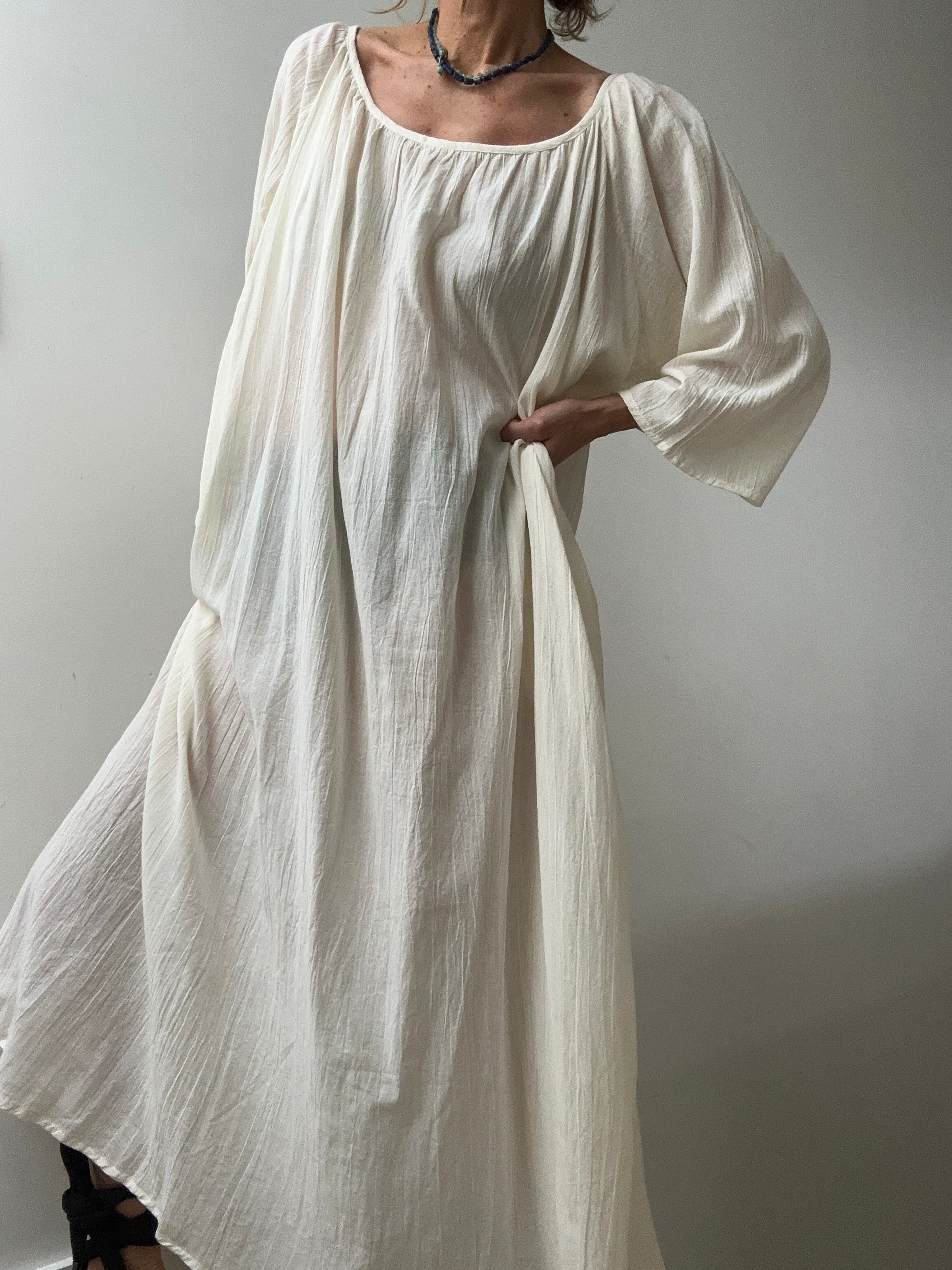 Round Neck Cotton Dress in Natural | Dresses