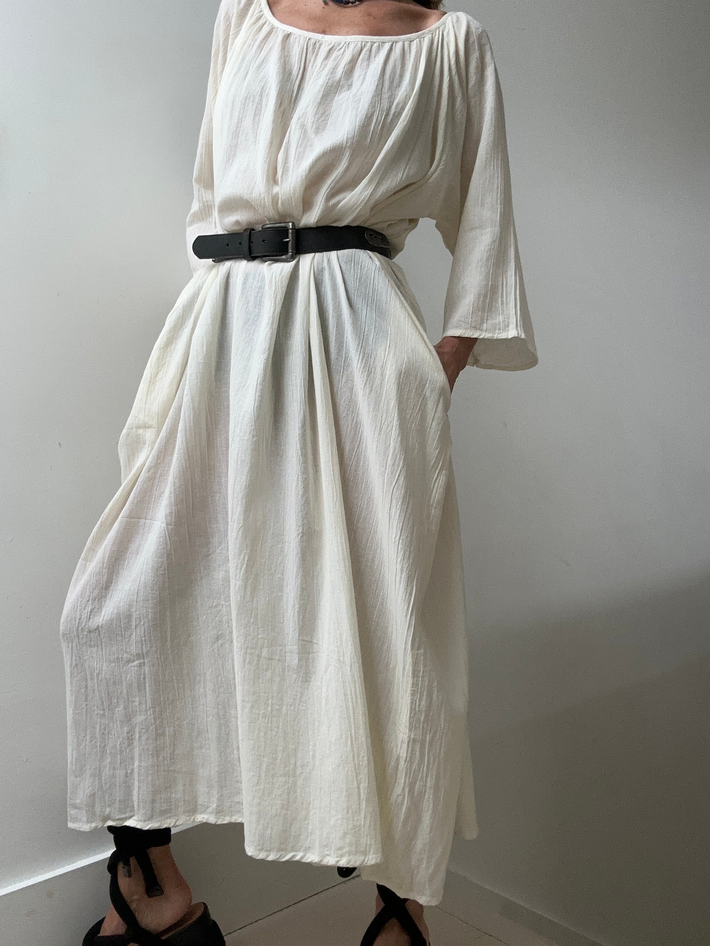 Round Neck Cotton Dress in Natural | Dresses