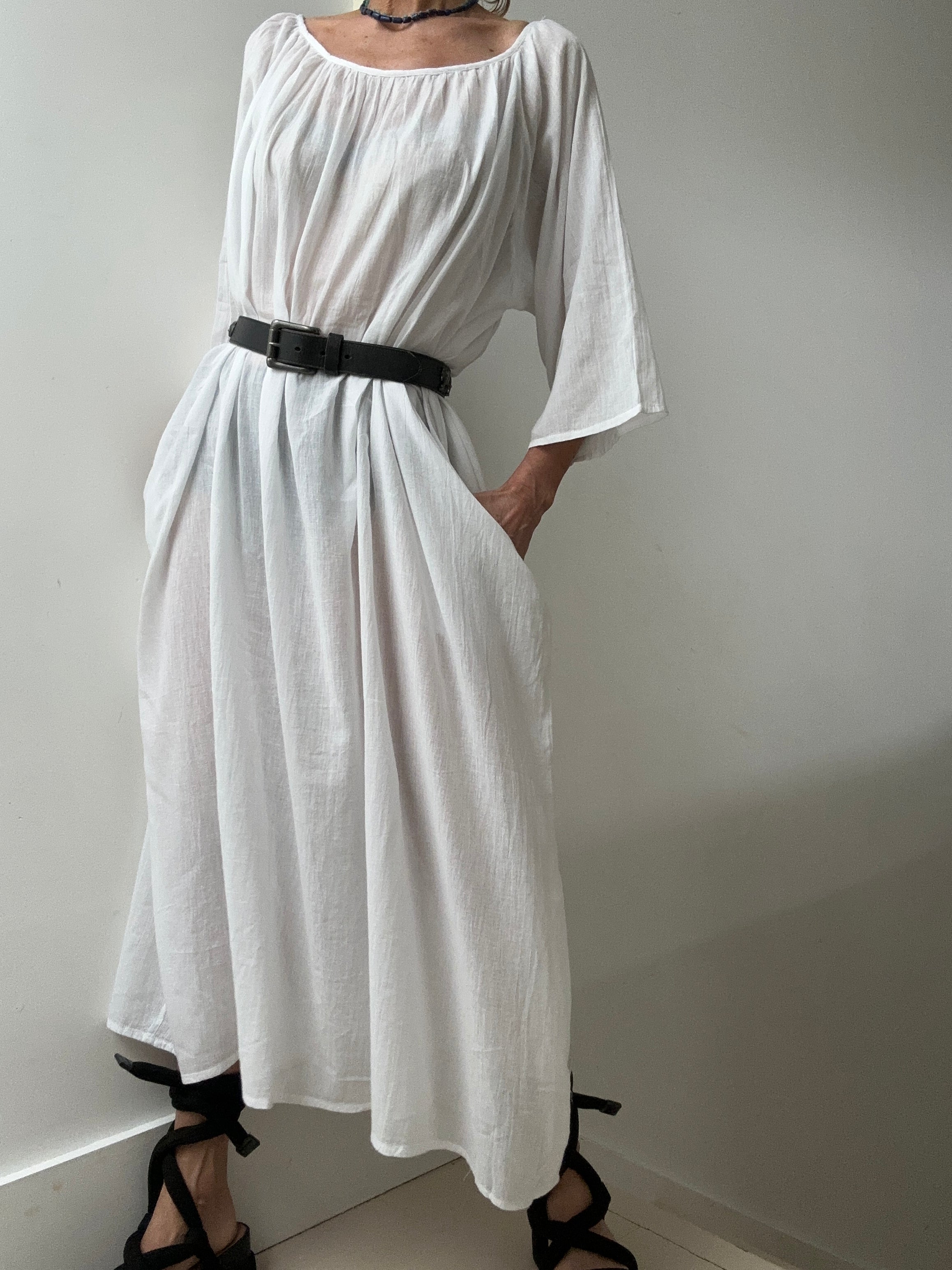Round Neck Cotton Dress in White | Dresses