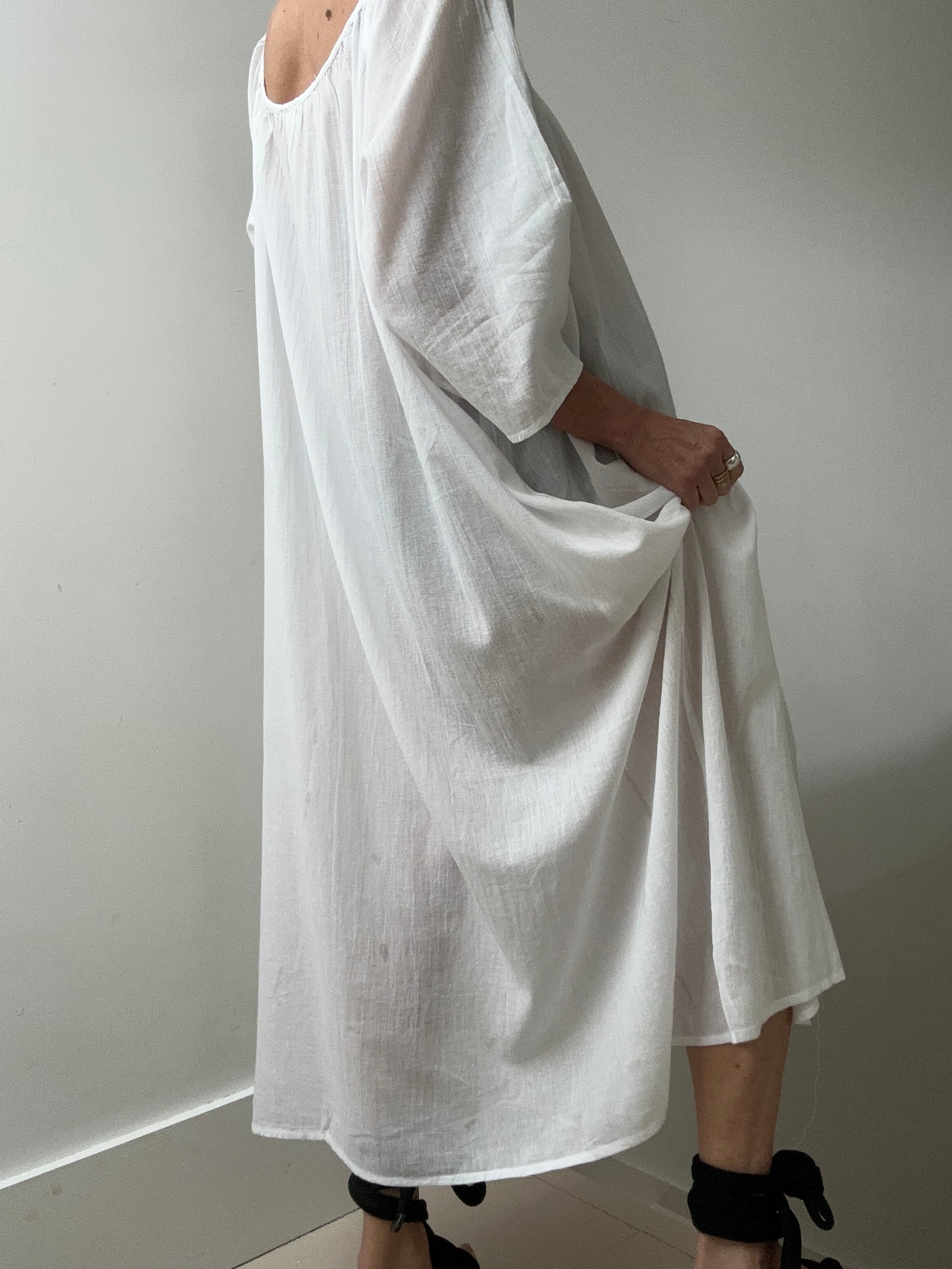 Round Neck Cotton Dress in White | Dresses