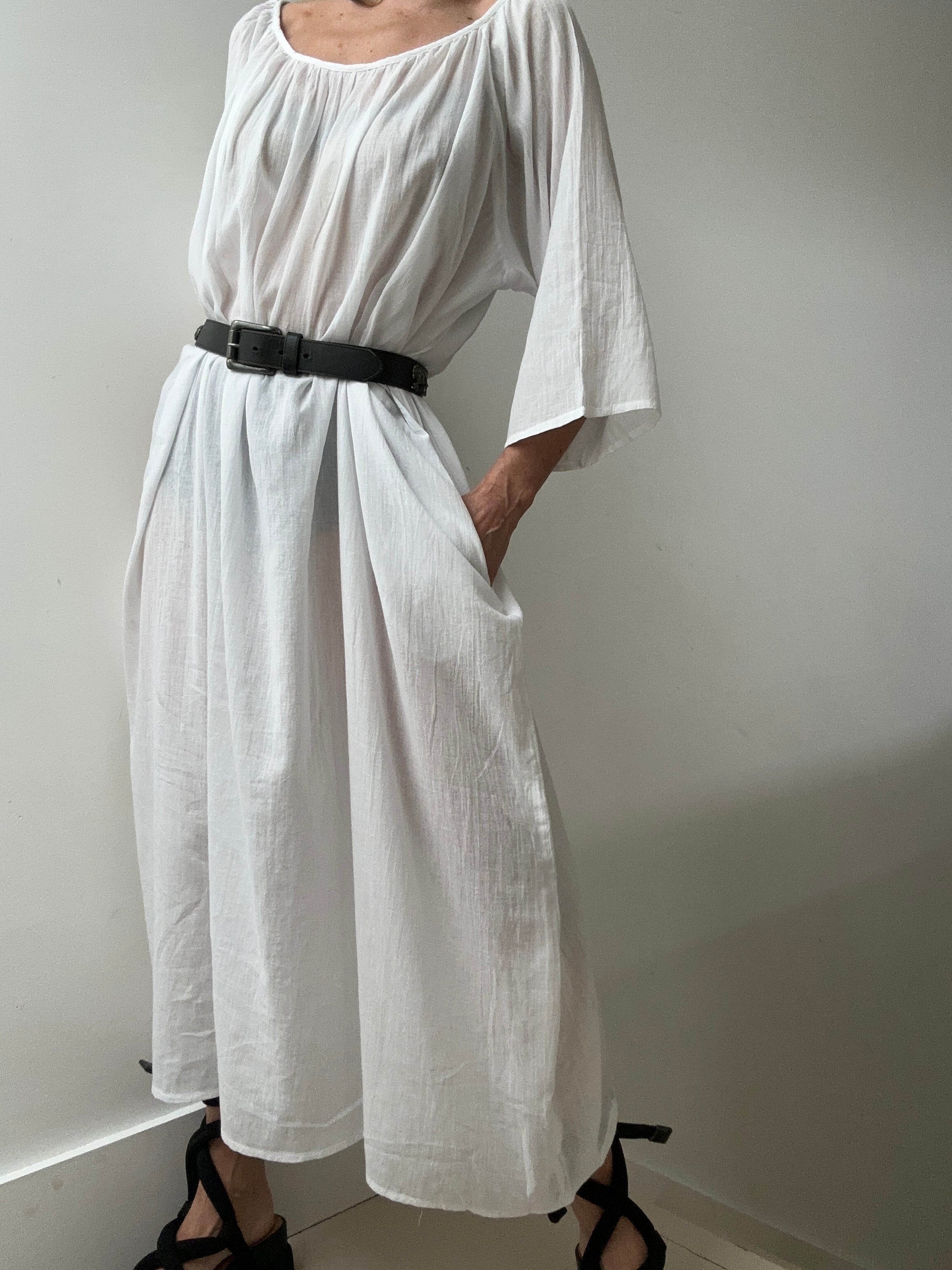 Round Neck Cotton Dress in White | Dresses