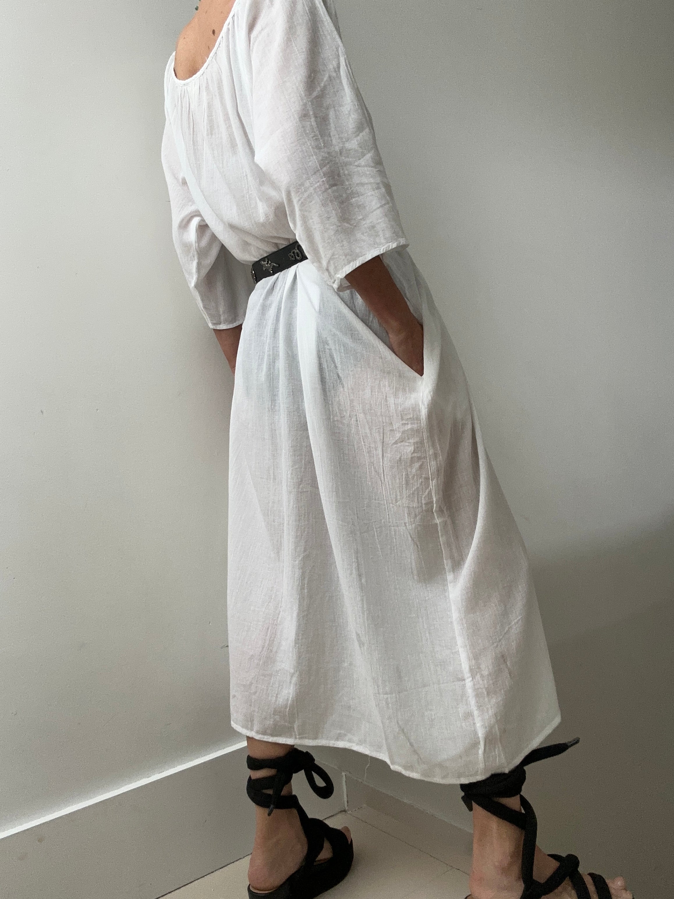 Round Neck Cotton Dress in White | Dresses