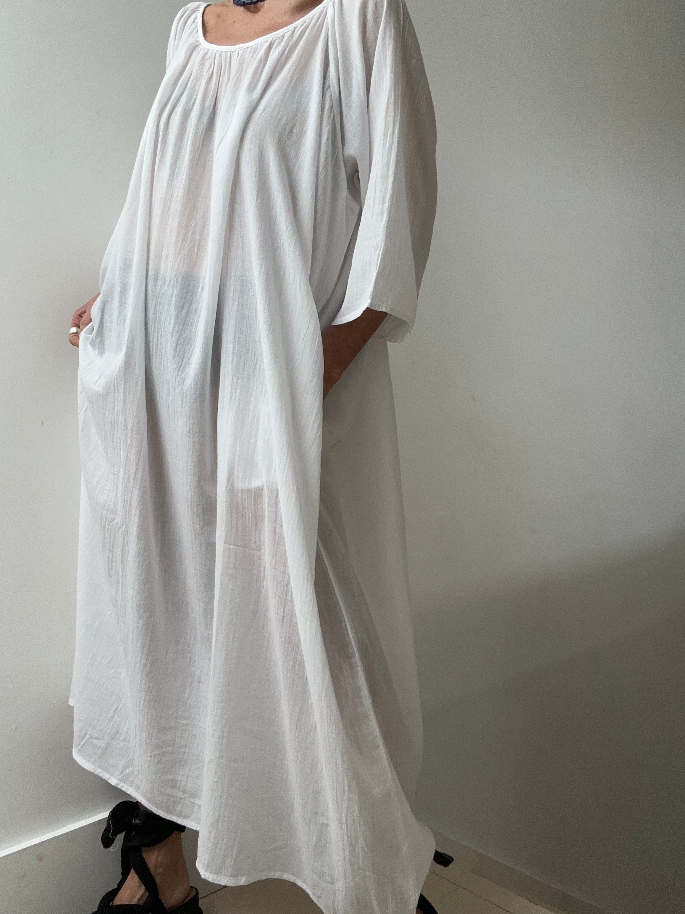 Round Neck Cotton Dress in White | Dresses