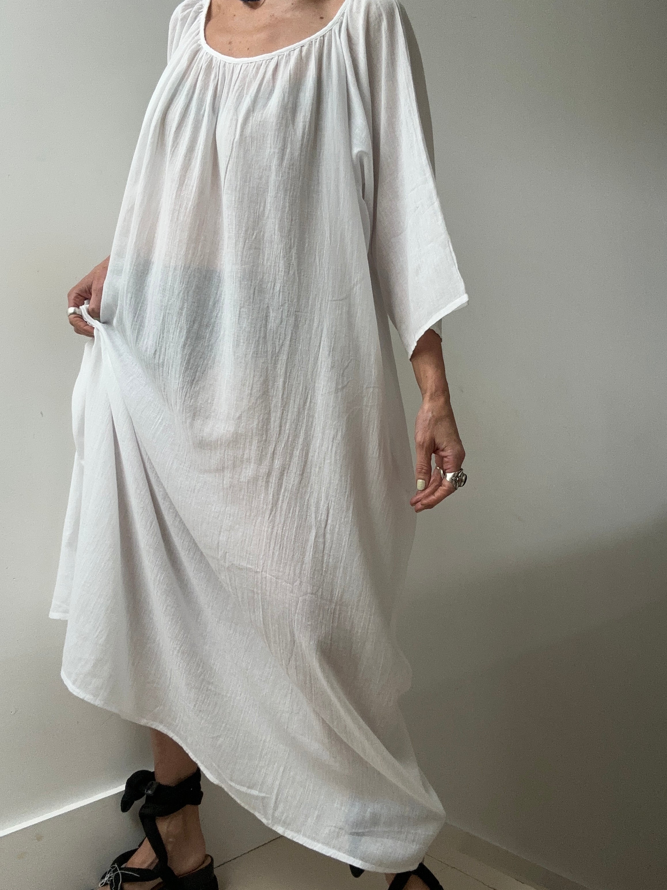 Round Neck Cotton Dress in White | Dresses