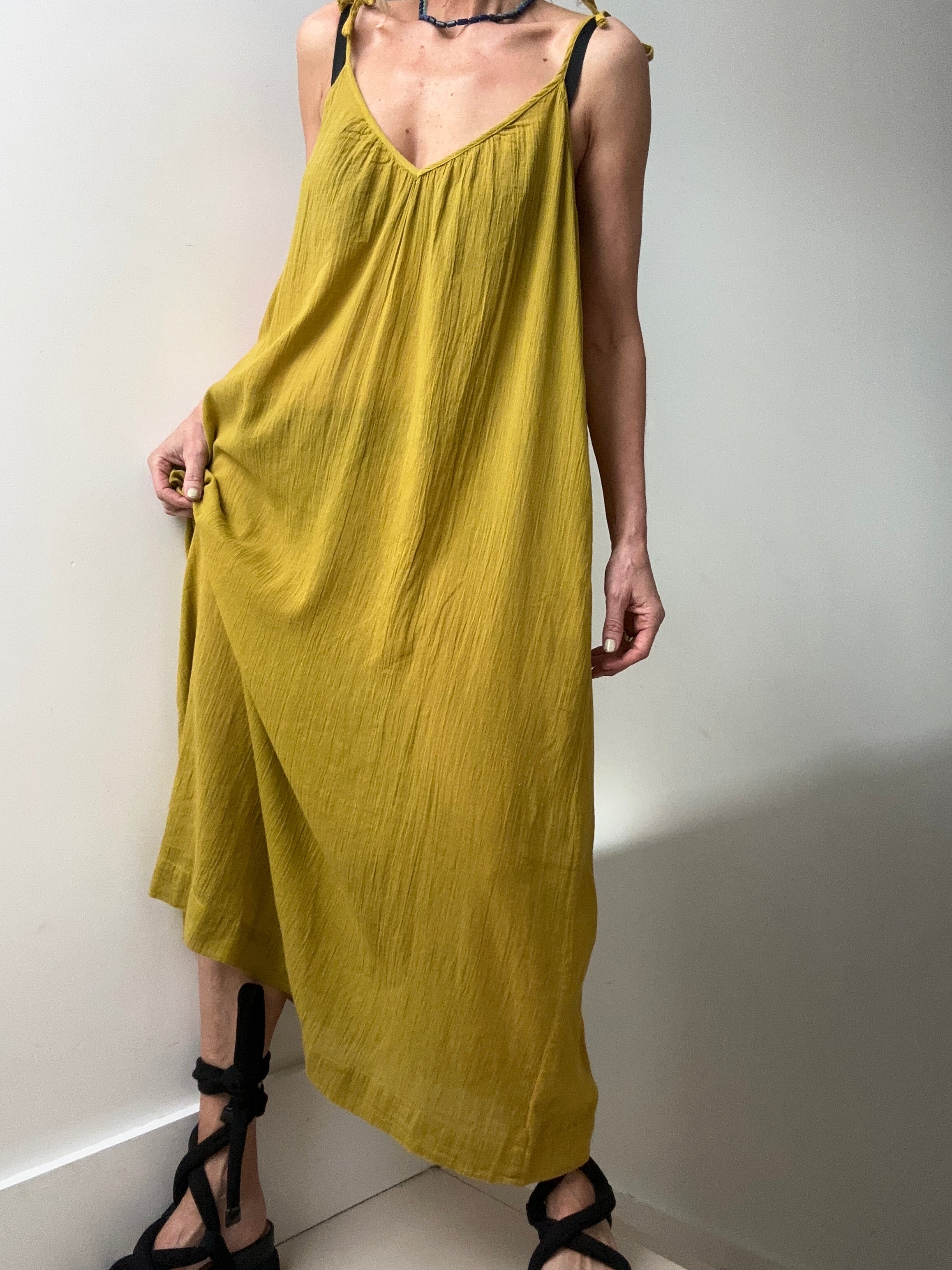 Jetsetbohemian Dresses One Size Tie Strap Cotton Dress in Mustard