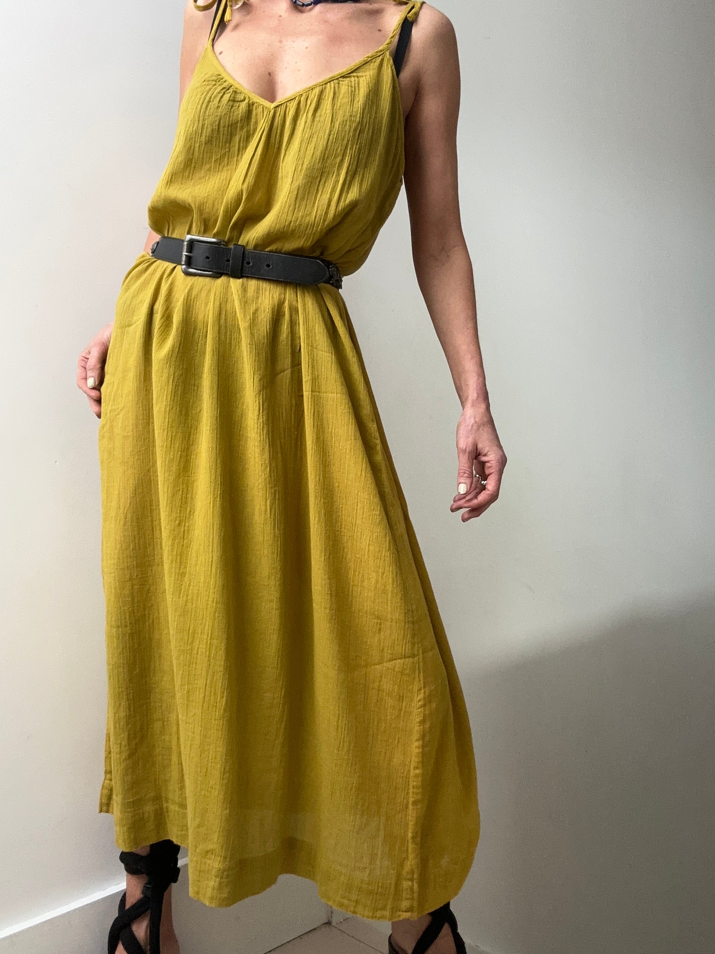 Jetsetbohemian Dresses One Size Tie Strap Cotton Dress in Mustard