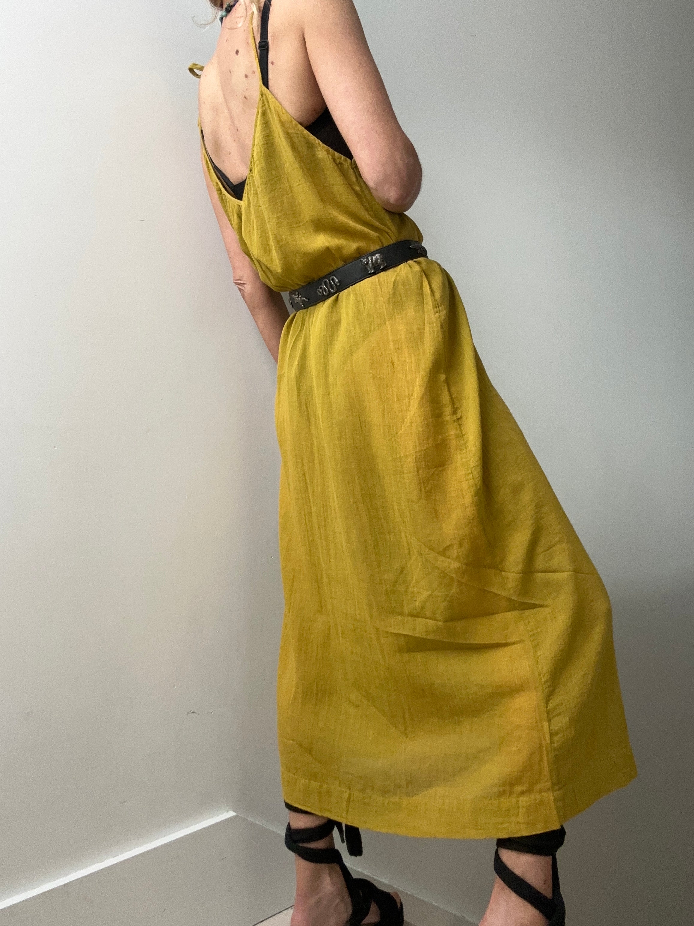 Jetsetbohemian Dresses One Size Tie Strap Cotton Dress in Mustard