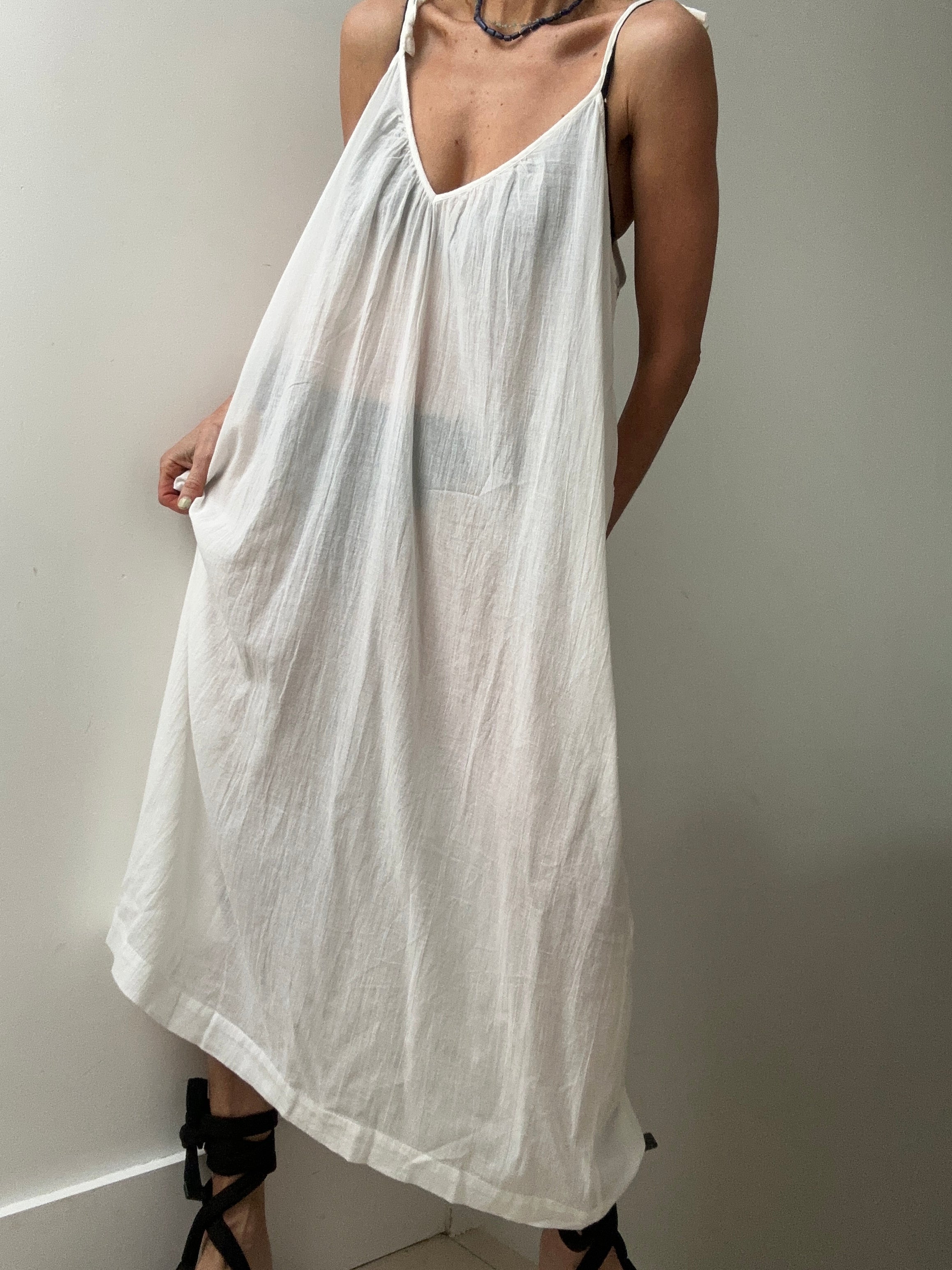 Jetsetbohemian Dresses One Size Tie Strap Cotton Dress in White