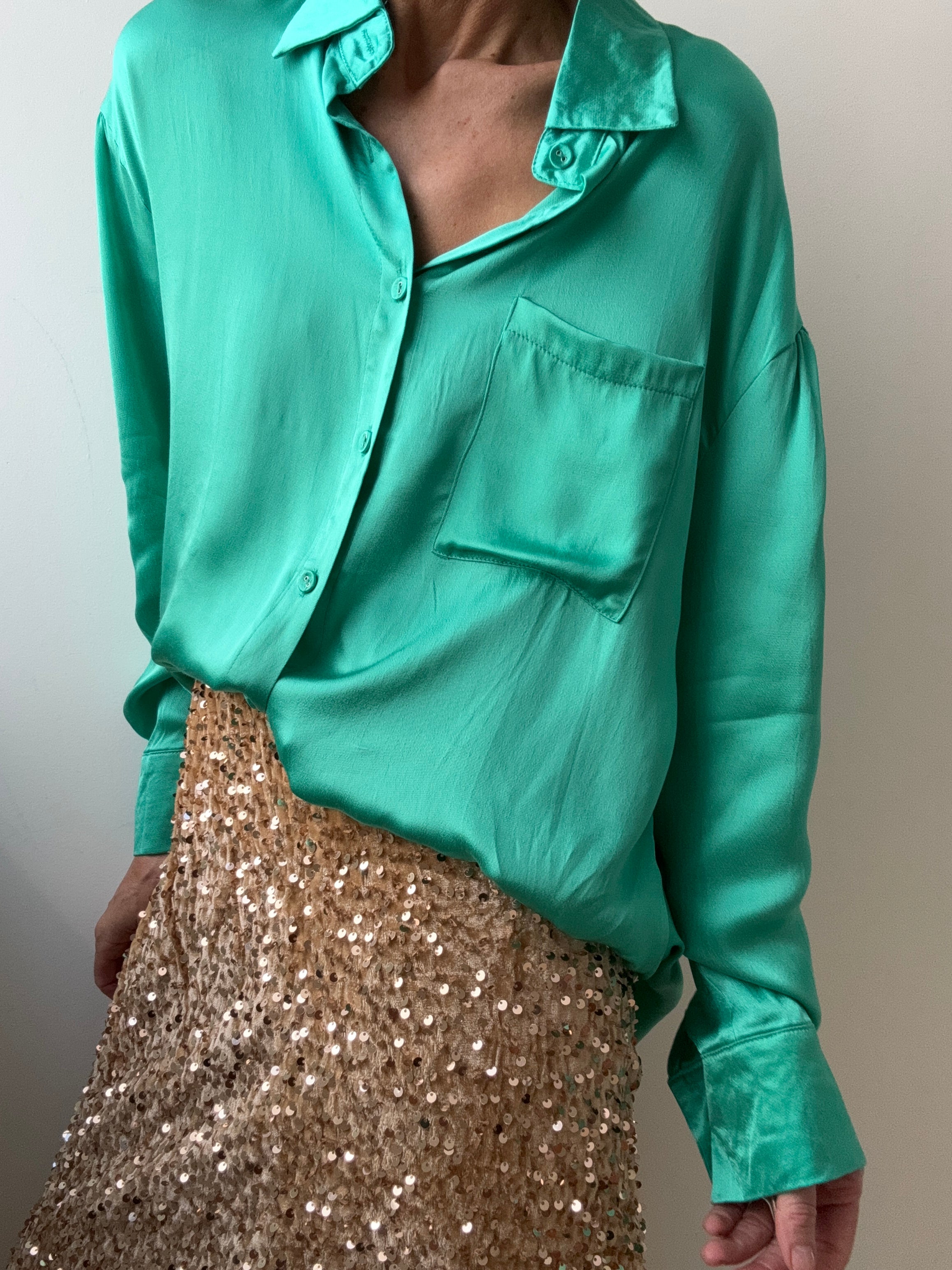 Jetsetbohemian Shirts One Size Liquid Dream Satin Shirt Jewel Green