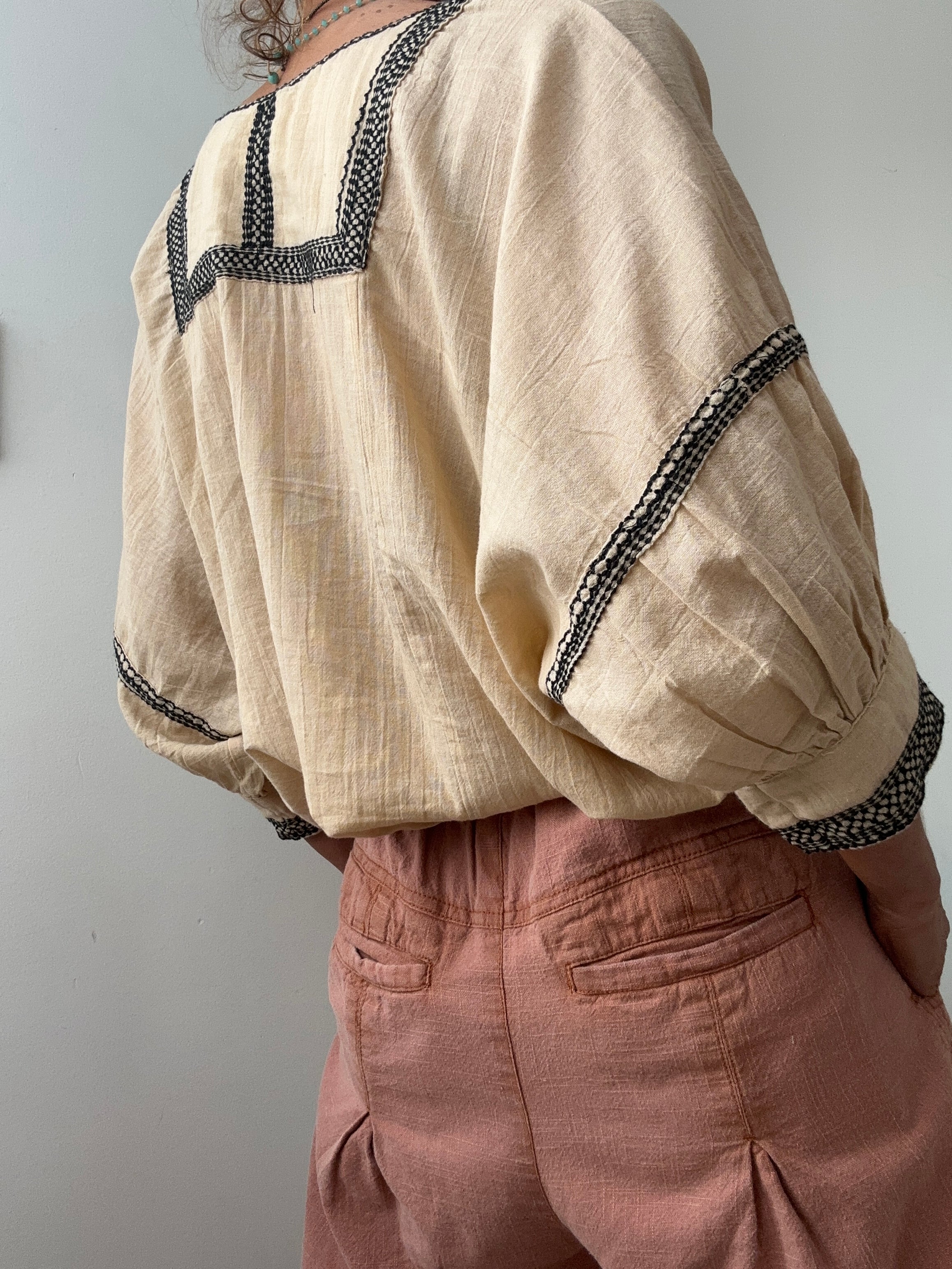 Jetsetbohemian Tops One Size Cotton Bib Blouse in Biege