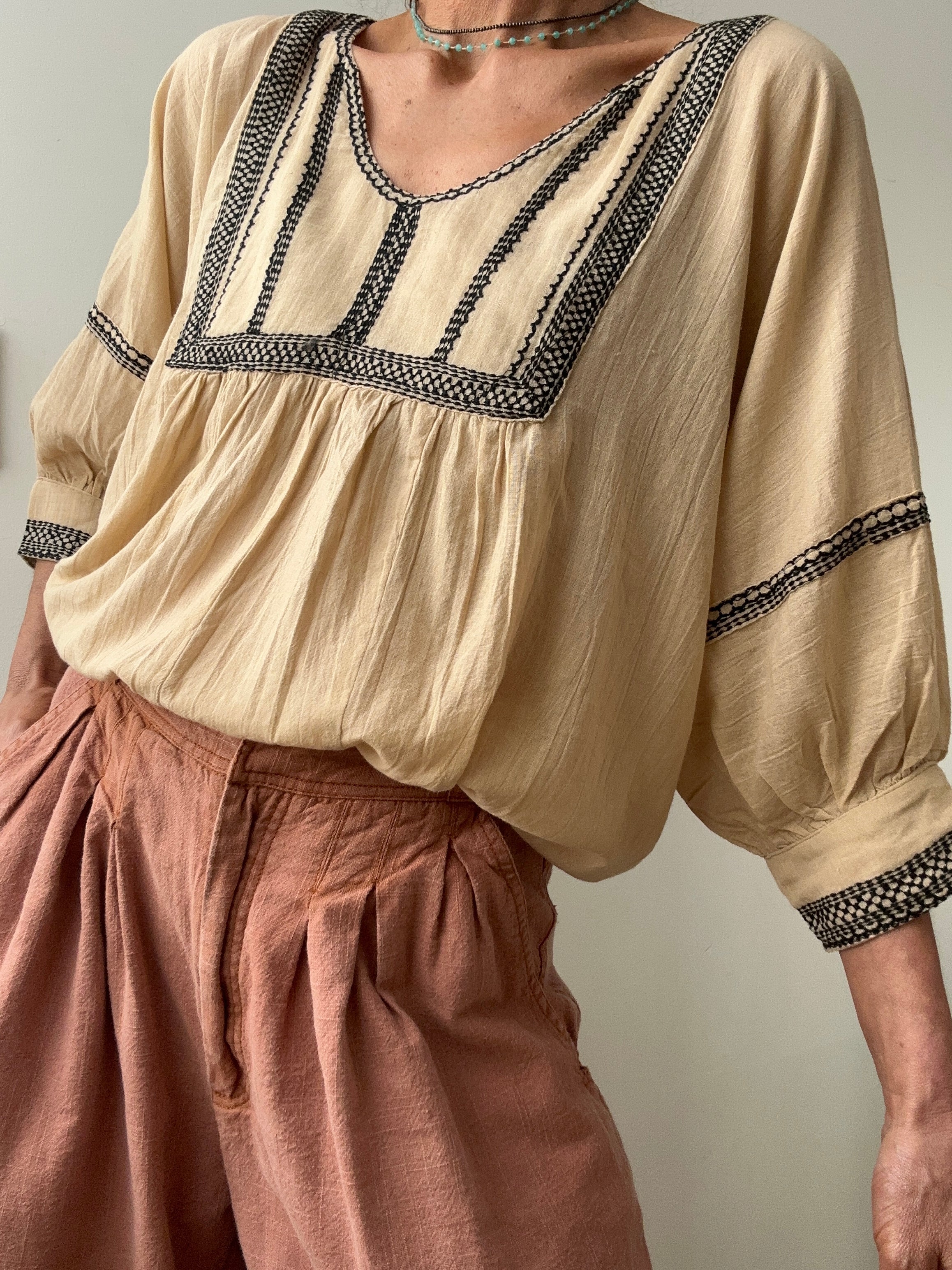 Jetsetbohemian Tops One Size Cotton Bib Blouse in Biege
