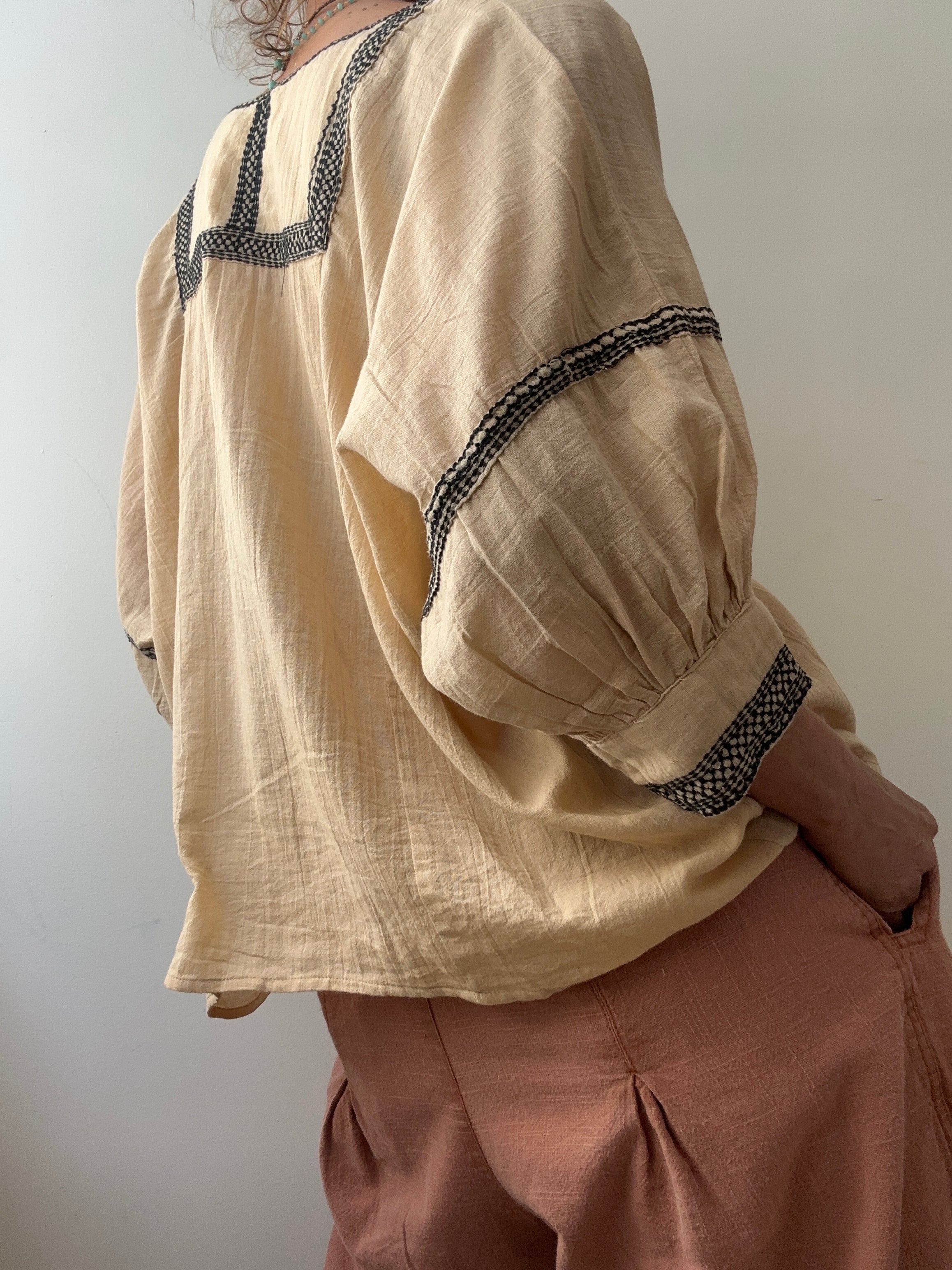 Jetsetbohemian Tops One Size Cotton Bib Blouse in Biege