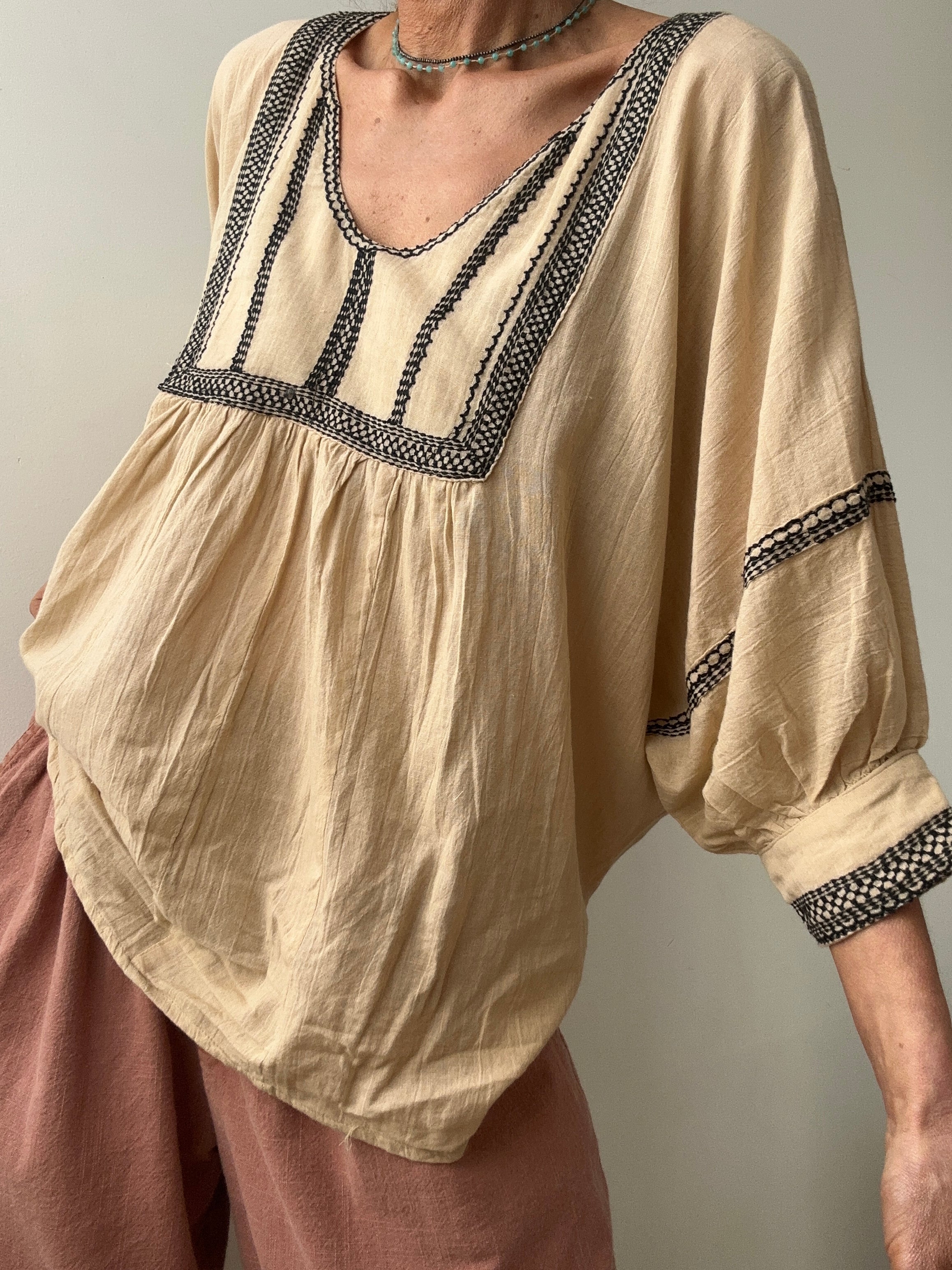 Jetsetbohemian Tops One Size Cotton Bib Blouse in Biege