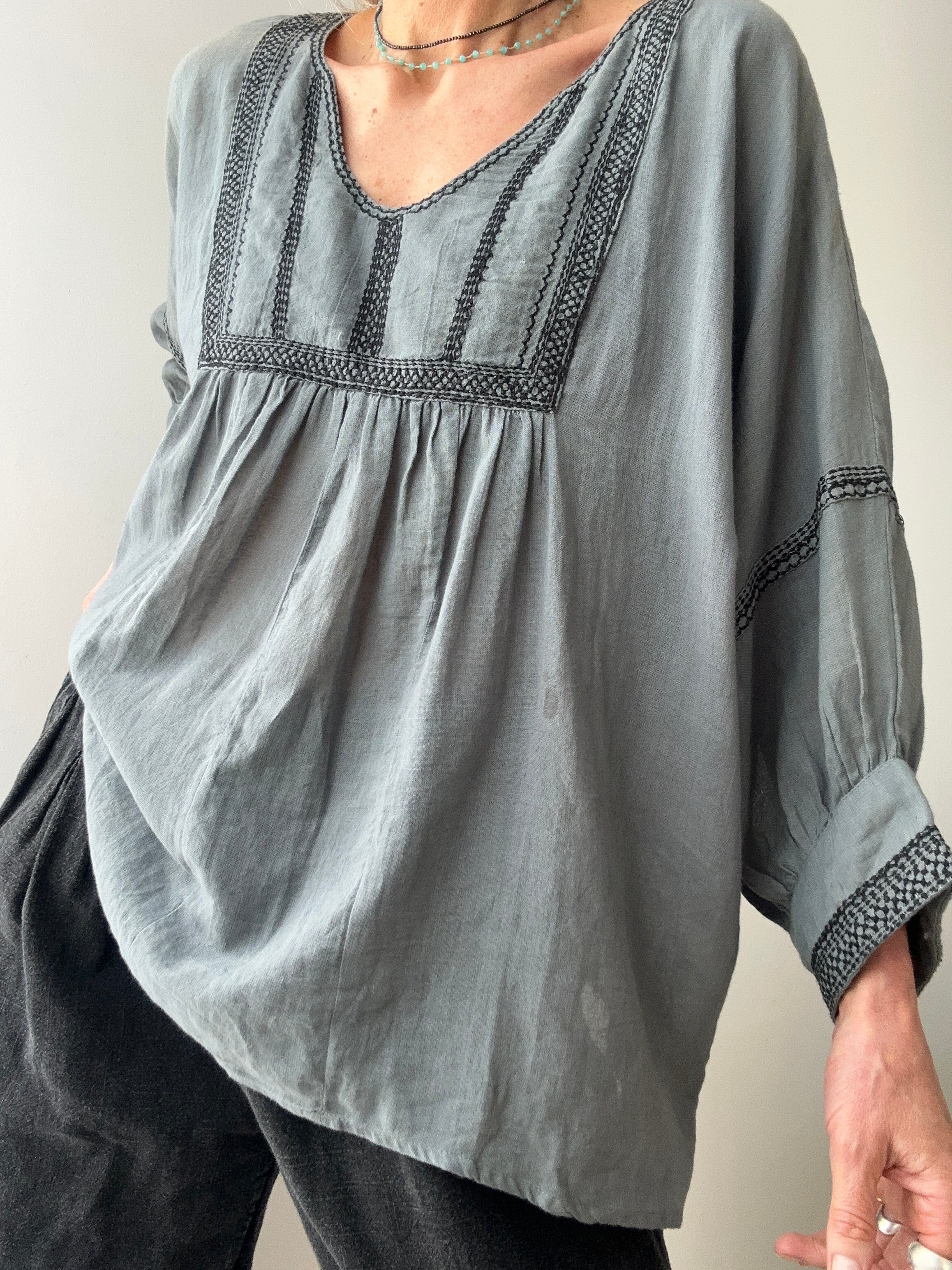 Cotton Bib Blouse in Blue | Tops