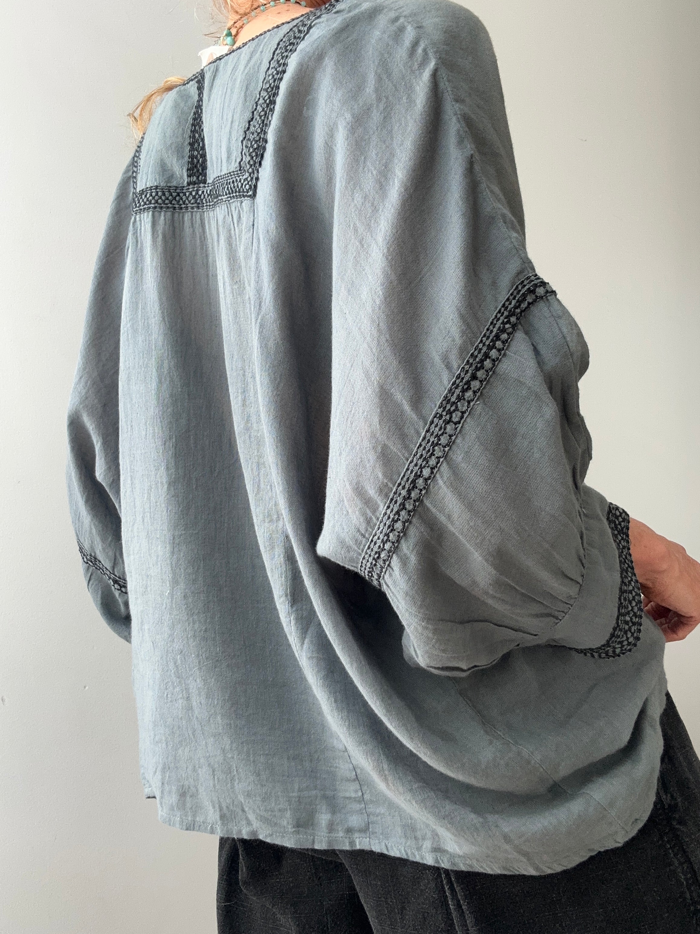 Cotton Bib Blouse in Blue | Tops