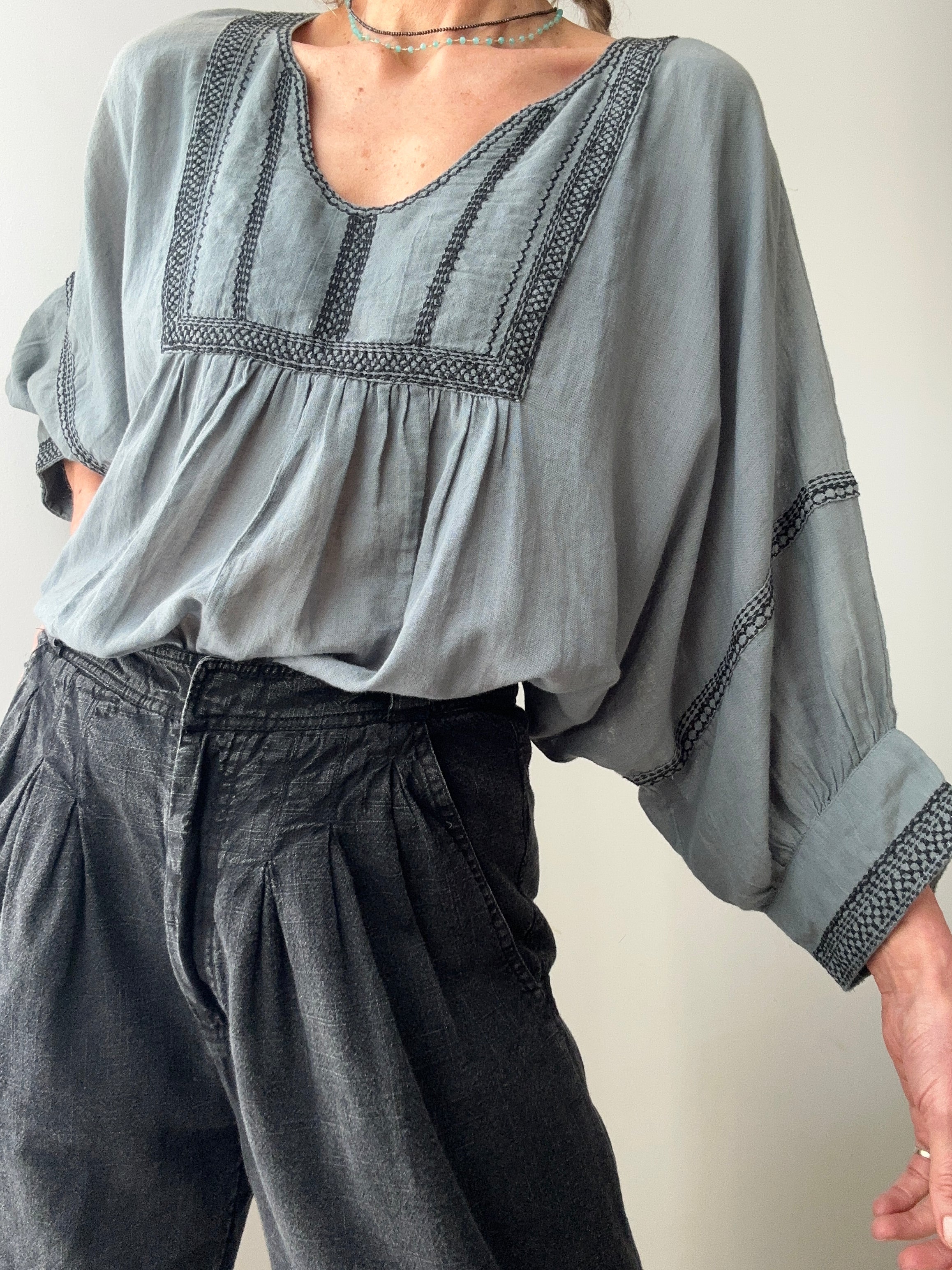 Cotton Bib Blouse in Blue | Tops